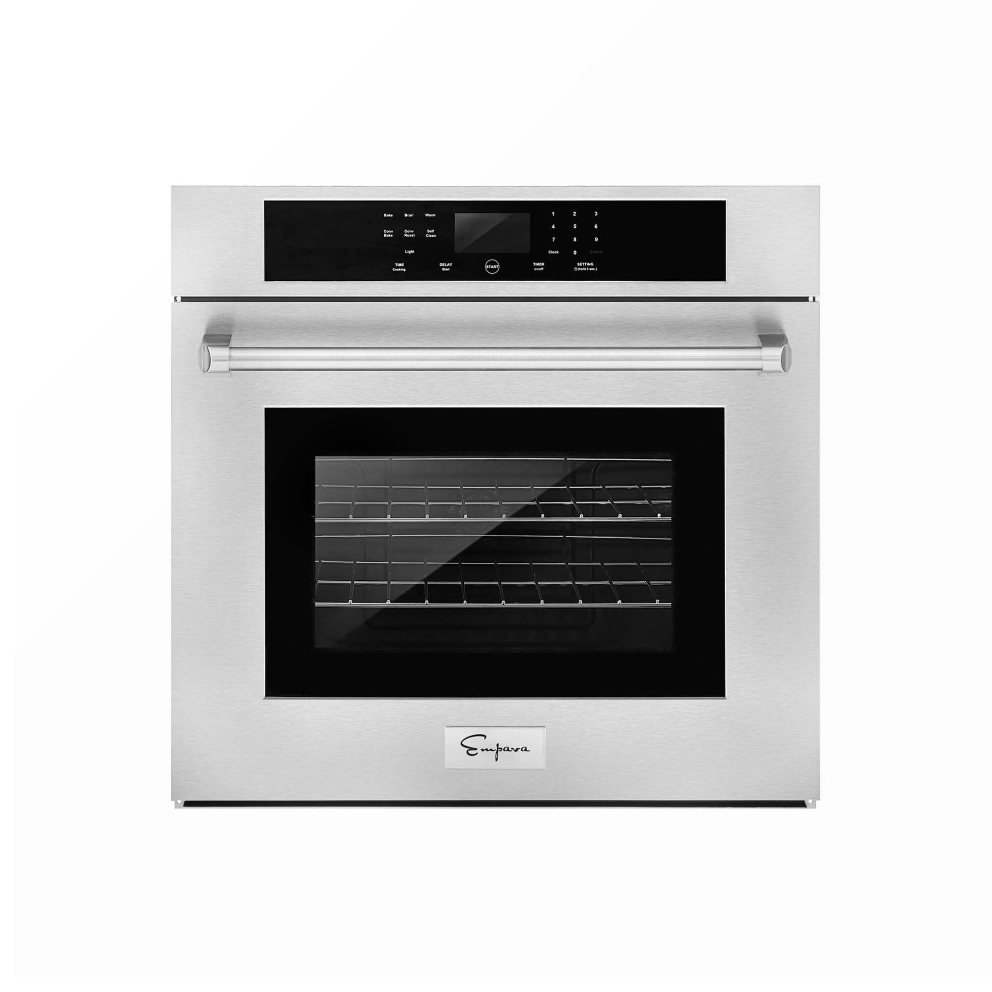 The Empava 30 in. Built-in Electric Single Wall Oven is a modern stainless steel appliance that boasts a sleek black digital control panel positioned at the top. Its door features a large transparent window and a sturdy handle, providing both style and functionality. Inside, metal racks are clearly visible for versatile cooking options. The brand name is elegantly displayed on a small plaque at the bottom of the door.