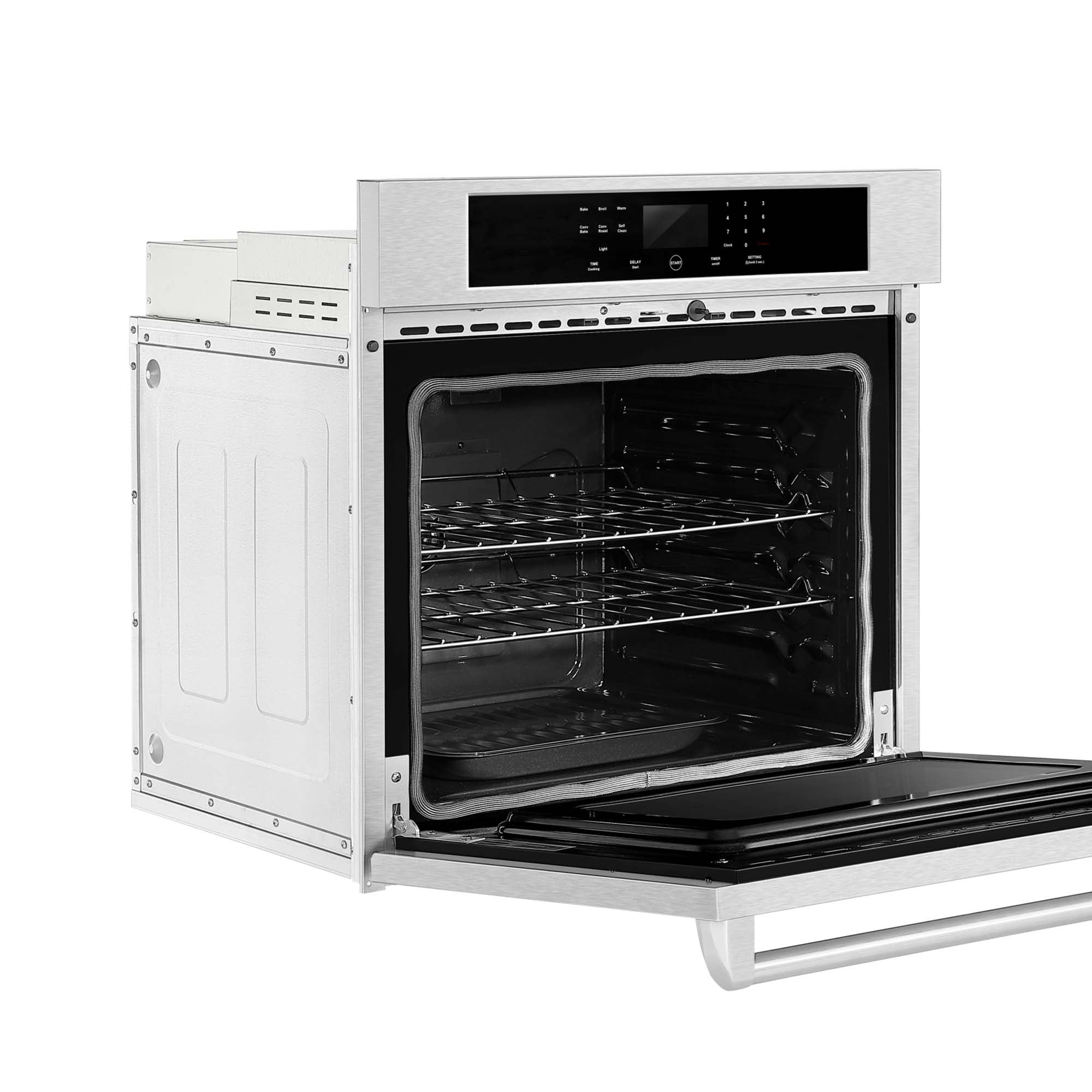 The Empava 30 in. Built-in Electric Single Wall Oven features a sleek, silver-colored exterior of stainless steel with a modern design. An open door reveals two wire racks inside, while the digital control panel at the top includes several buttons and a display screen.