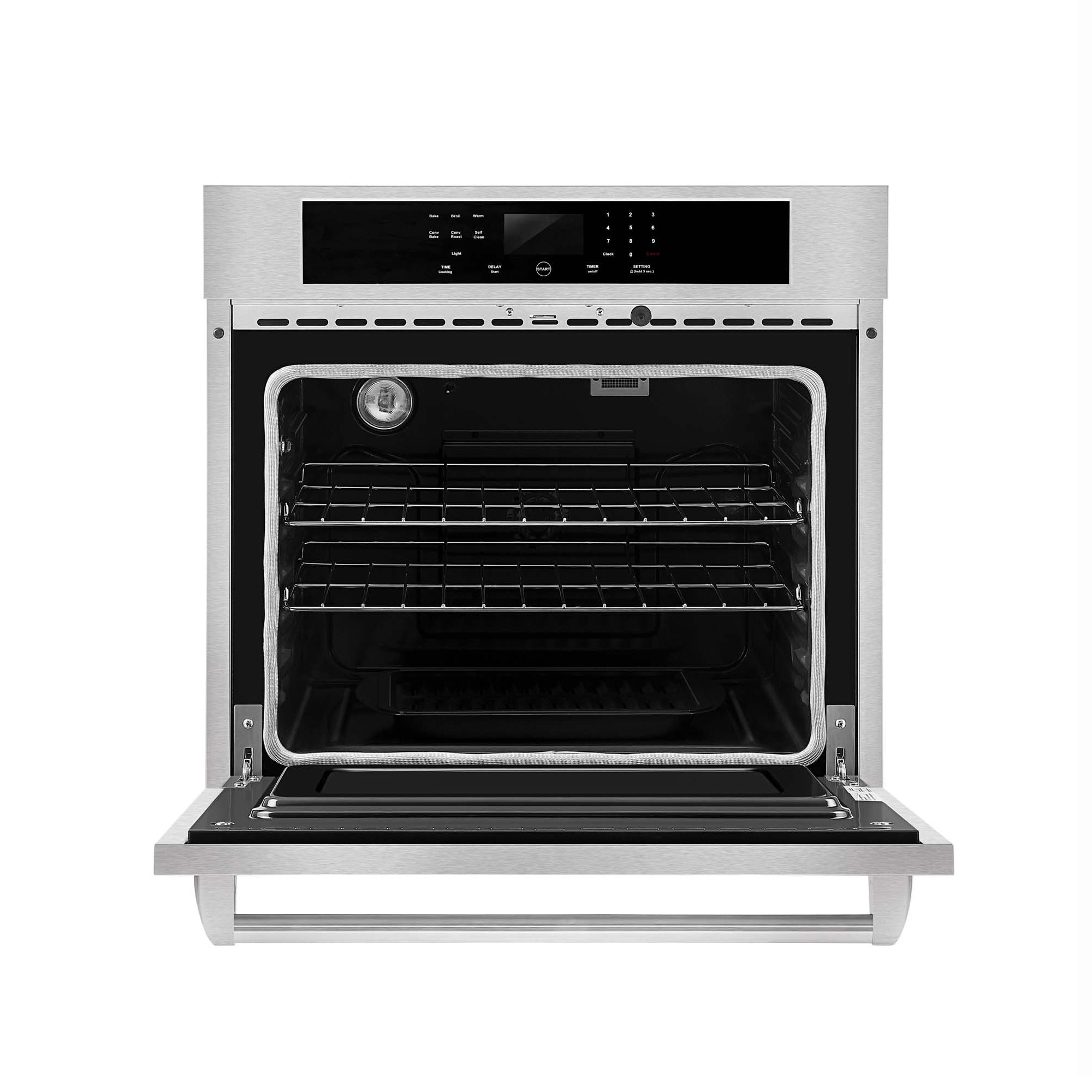 The Empava 30 in. Built-in Electric Single Wall Oven features a digital control panel at the top. The interior includes multiple racks and a light on the upper left side, ensuring a clear view of the spacious cooking area. The door is hinged at the bottom.