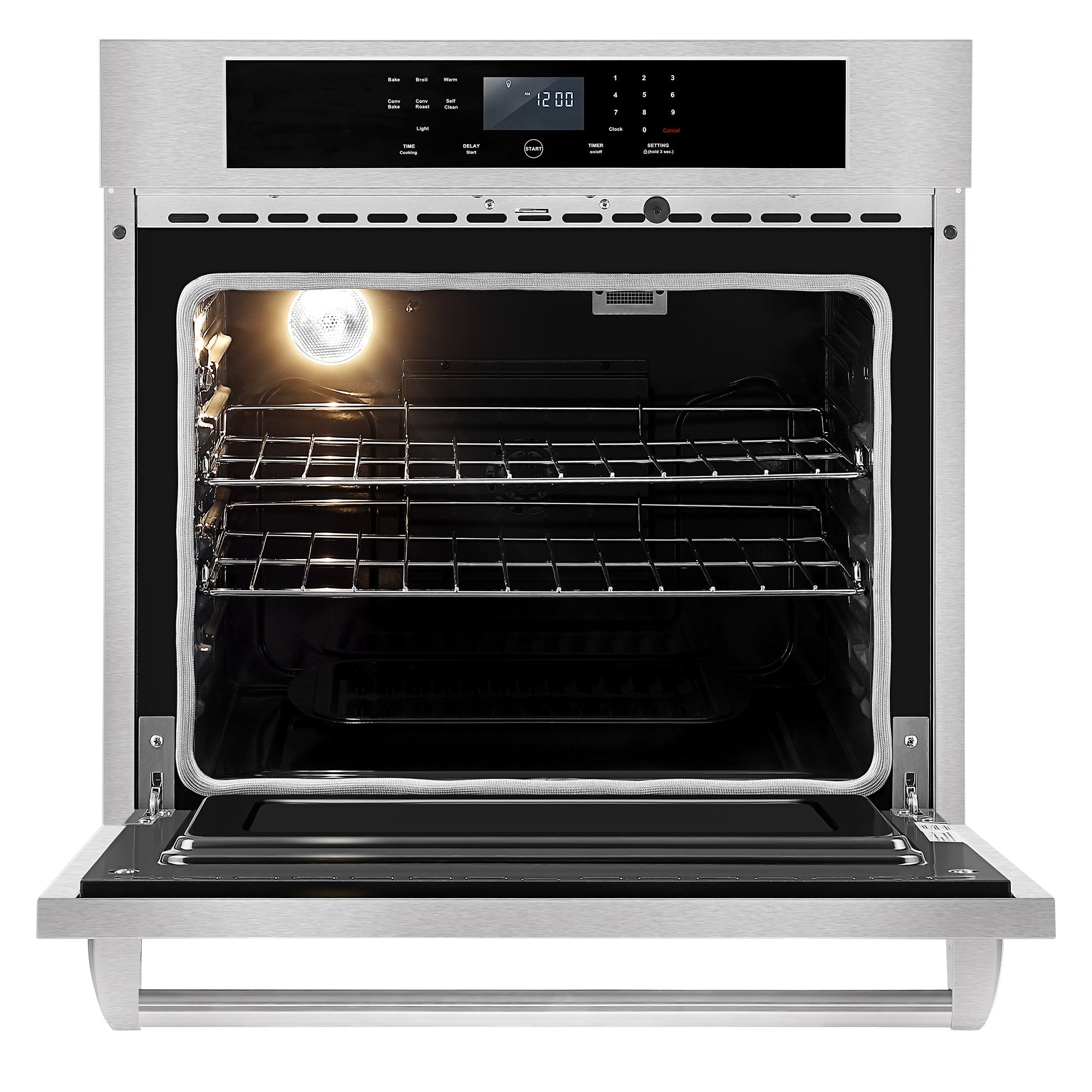 An Empava 30 in. Built-in Electric Single Wall Oven with its door open, revealing two wire racks inside. The oven light is on, illuminating the interior. The control panel above the oven door features a digital display and several buttons for various settings.