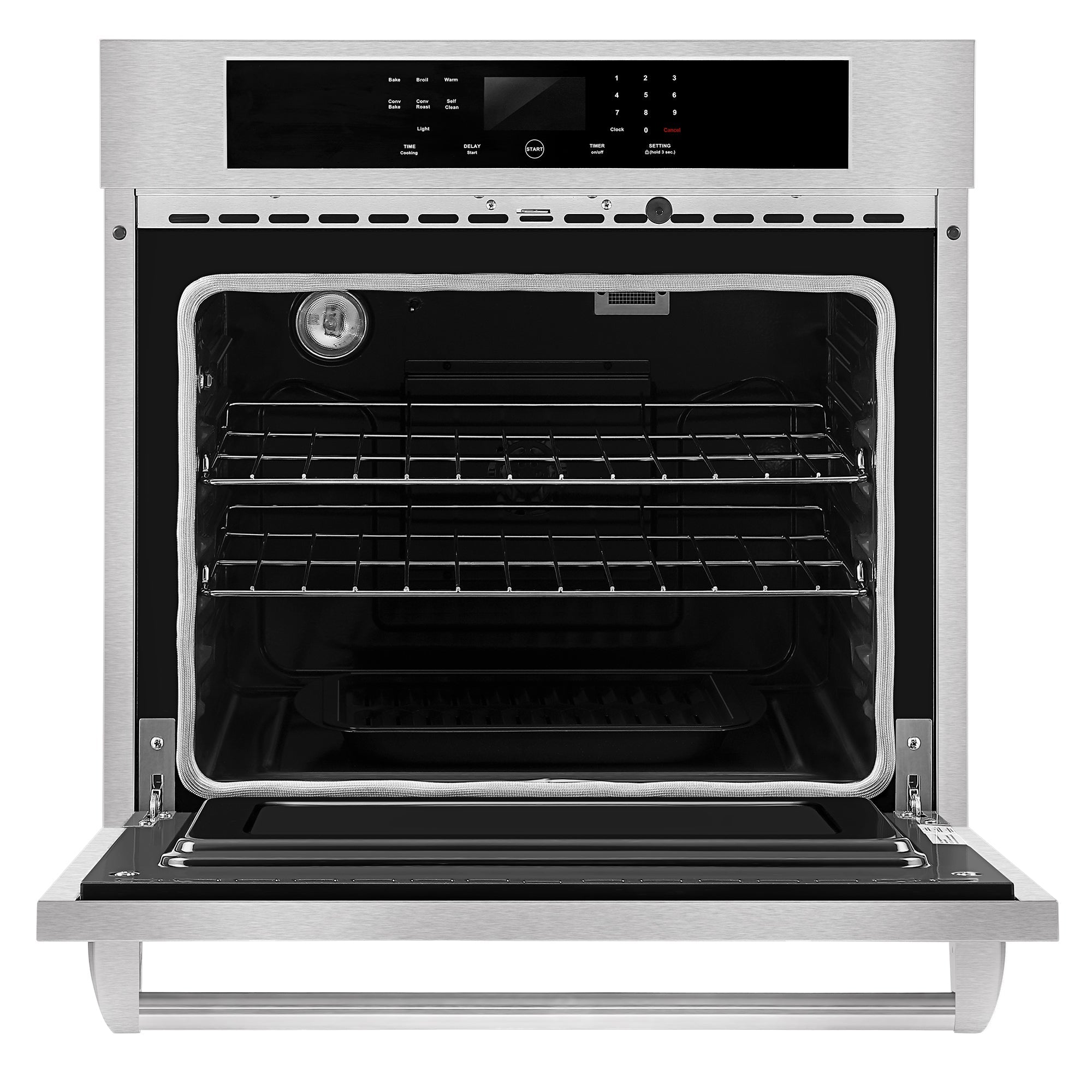 The Empava 30 in. Built-in Electric Single Wall Oven, with its door open, reveals two wire racks inside. The front control panel above the oven cavity displays various settings and temperature controls, while the oven light is visible on the upper left corner of the interior.