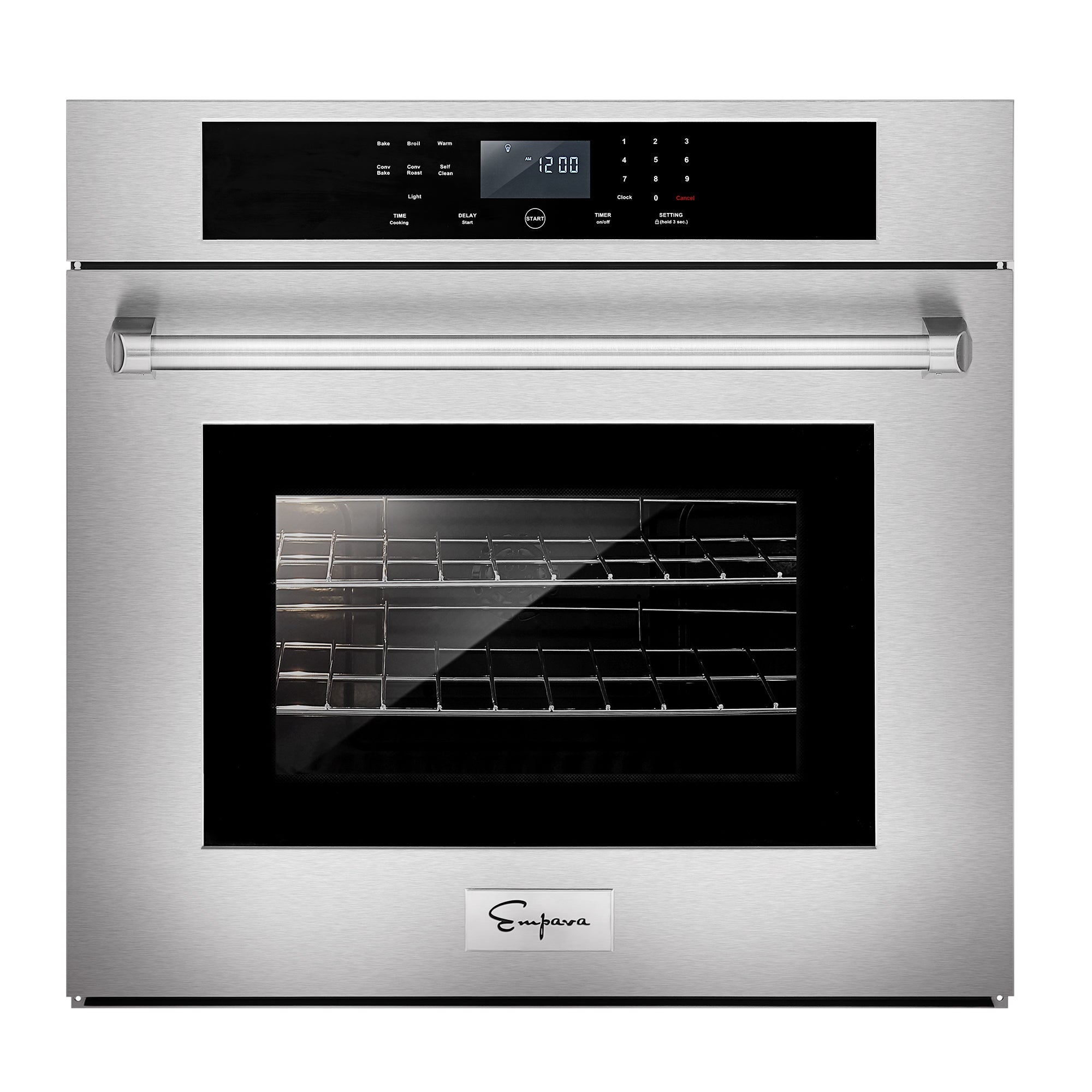 The Empava 30 in. Built-in Electric Single Wall Oven, made of stainless steel, boasts a digital control panel on its upper section. Its door, featuring a large glass window that displays the wire rack inside, is complemented by a horizontally running handle across the front. Empava appliances are renowned for their sleek and modern design.