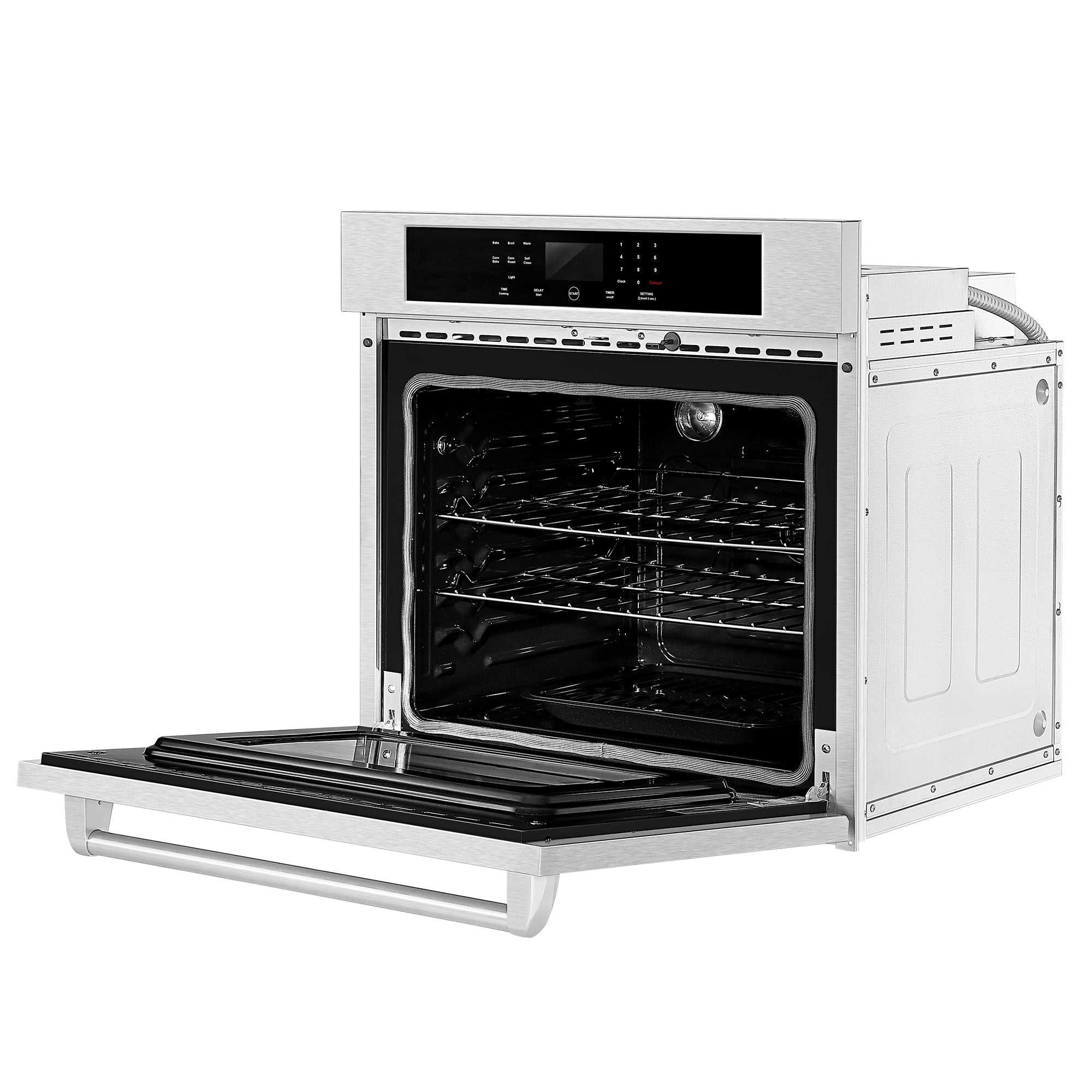 The Empava 30 in. Built-in Electric Single Wall Oven, crafted from silver stainless steel, is shown with its door open. The interior boasts multiple racks and an internal light bulb. Positioned above the door, the control panel includes a digital display accompanied by buttons and knobs. This oven's sleek design makes it a perfect fit for a modern kitchen appliance.