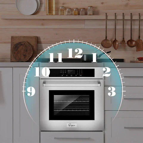 A modern kitchen showcases Empava appliances, including the Empava 30 in. Built-in Electric Single Wall Oven with a sleek stainless steel finish and a transparent door. Above the oven, a cooking pot rests on the stovetop, while utensils hang on the wooden backsplash. Overlaid on the oven is a clock graphic, illustrating the kitchen as a timepiece.