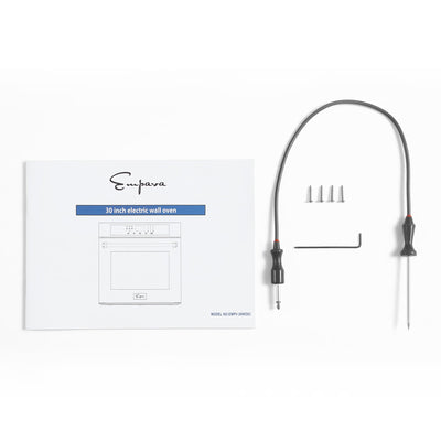 Included with the "Empava 30 in. Built-in Electric Single Wall Oven" are a manual/documentation with an illustration of the oven on the cover, a temperature probe with a connecting cable, three screws, and an Allen wrench. The "Empava" brand name is displayed on the manual.