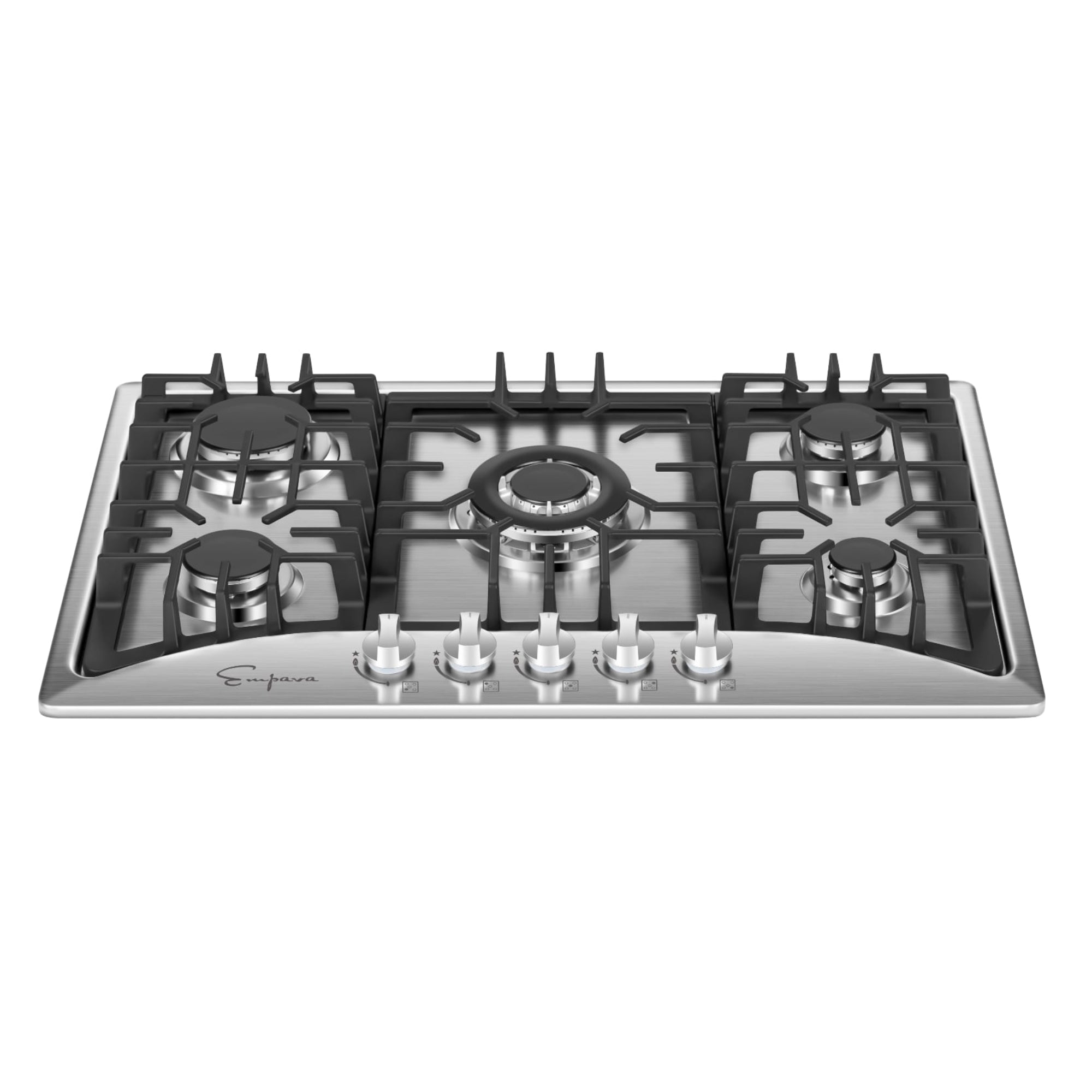 The Empava 30 in. Built-in Gas Cooktop features five burners of varying sizes and black cast iron grates. The front panel boasts six silver control knobs for adjusting the burners. The largest burner is centrally located, flanked by two smaller burners on each side.