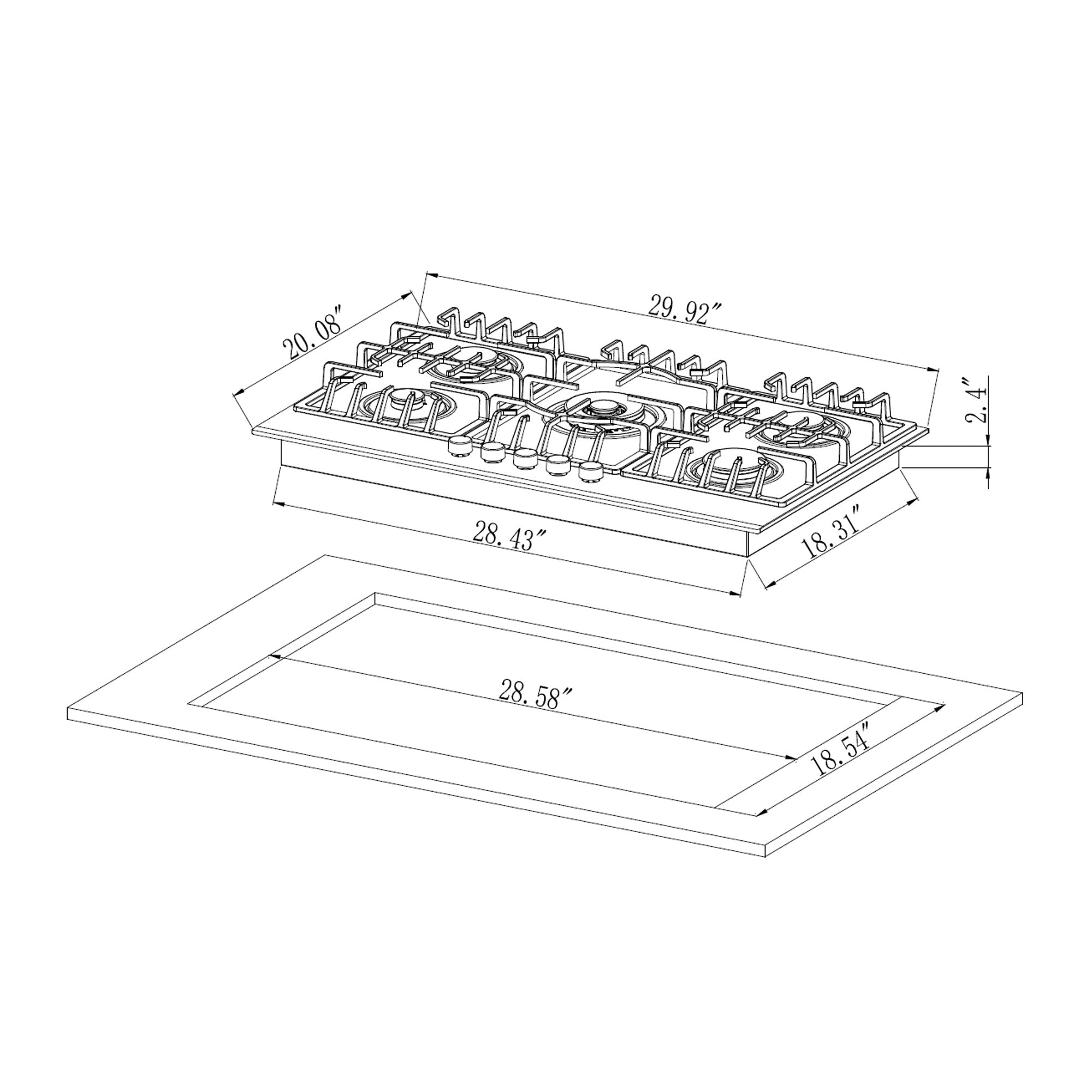 A technical drawing of an Empava 30 in. Built-in Gas Cooktops and its installation cutout dimensions. The cooktop has five burners and is labeled with various measurements including 20.08 inches deep, 29.92 inches wide, and a cutout size of 28.58 inches by 18.54 inches.