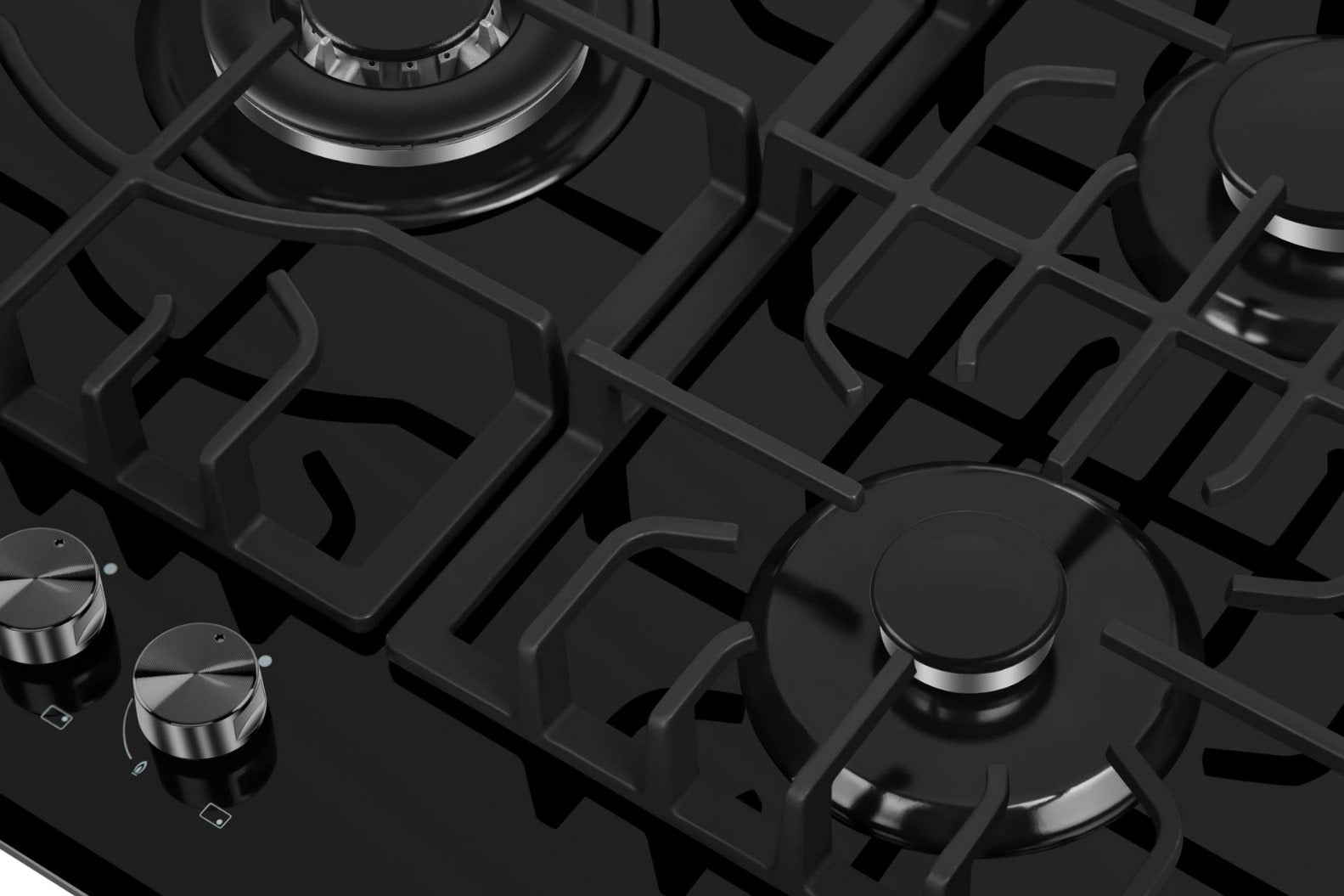 Close-up of a black Empava 30 in. Built-in Gas Cooktop, showcasing two burners with cast iron grates. The stovetop also features two control knobs on the lefthand side. The sleek and shiny surface reflects some light.