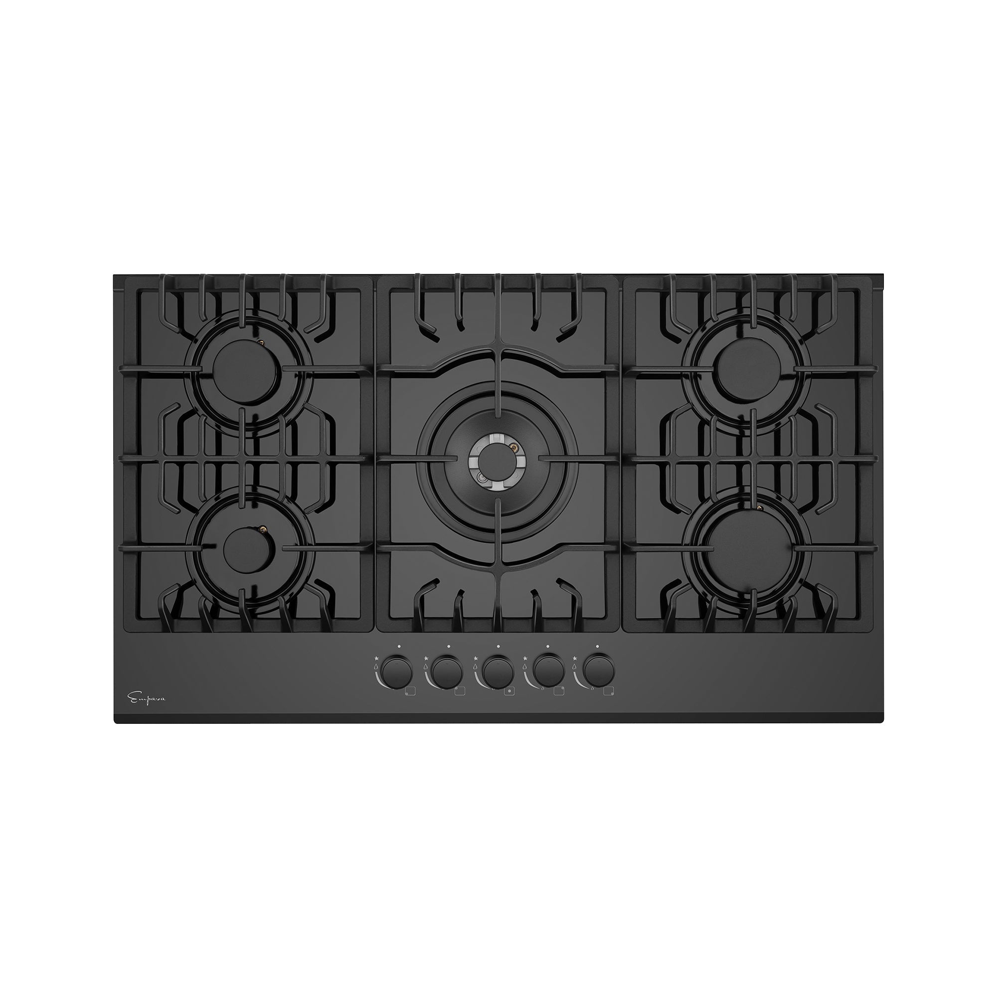 A top-down view of the Empava 30 in. Built-in Gas Cooktops in black, featuring one large central burner surrounded by five smaller burners and safety grates over each. Five control knobs are aligned at the front base for adjusting flame levels.