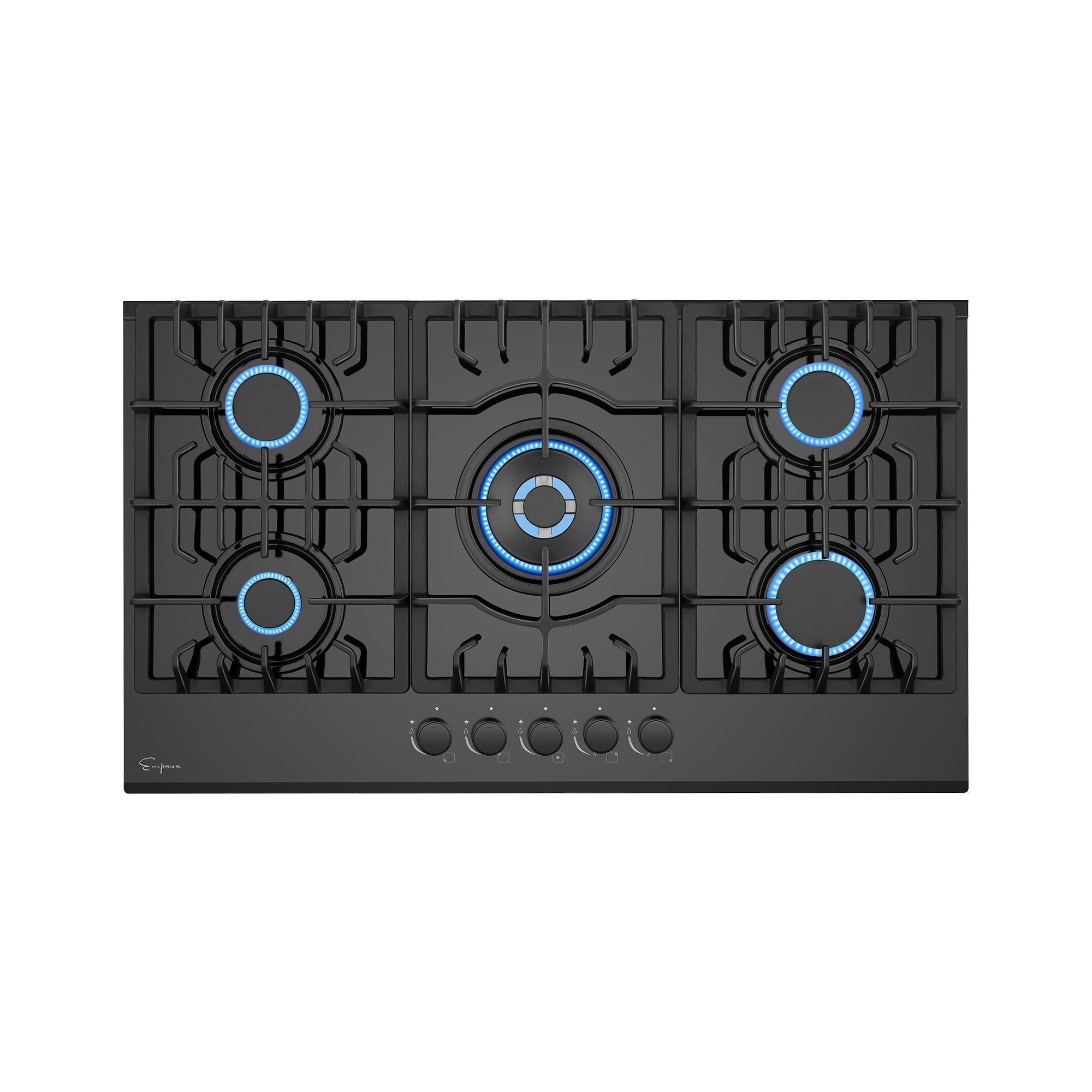 A top view of the Empava 30 in. Built-in Gas Cooktop showcases its elegant black design with all five burners ignited and displaying vibrant blue flames. The largest burner sits prominently in the center, encircled by four smaller burners. Control knobs are evenly distributed below the burners, contributing to its modern and sleek aesthetic.