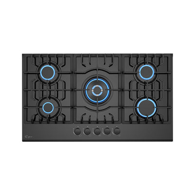 A top view of the Empava 30 in. Built-in Gas Cooktop showcases its elegant black design with all five burners ignited and displaying vibrant blue flames. The largest burner sits prominently in the center, encircled by four smaller burners. Control knobs are evenly distributed below the burners, contributing to its modern and sleek aesthetic.