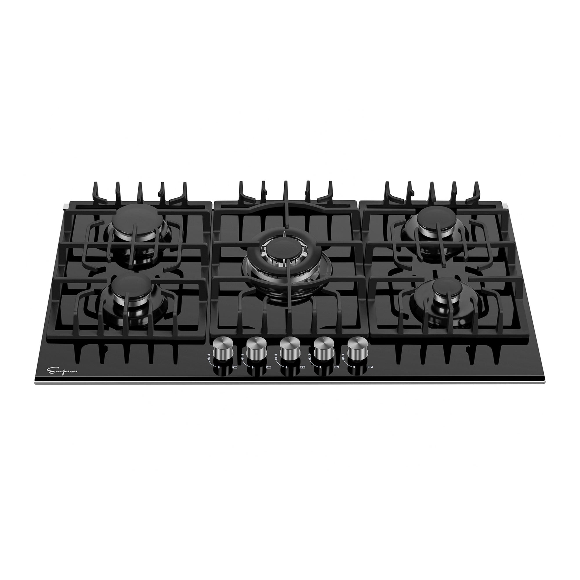 The Empava 30 in. Built-in Gas Cooktop is a black appliance featuring five burners of varying sizes, sleek grates, and five stainless steel control knobs at the front. The central burner is the largest and is surrounded by three smaller burners and one medium-sized burner, all set against a plain white background.