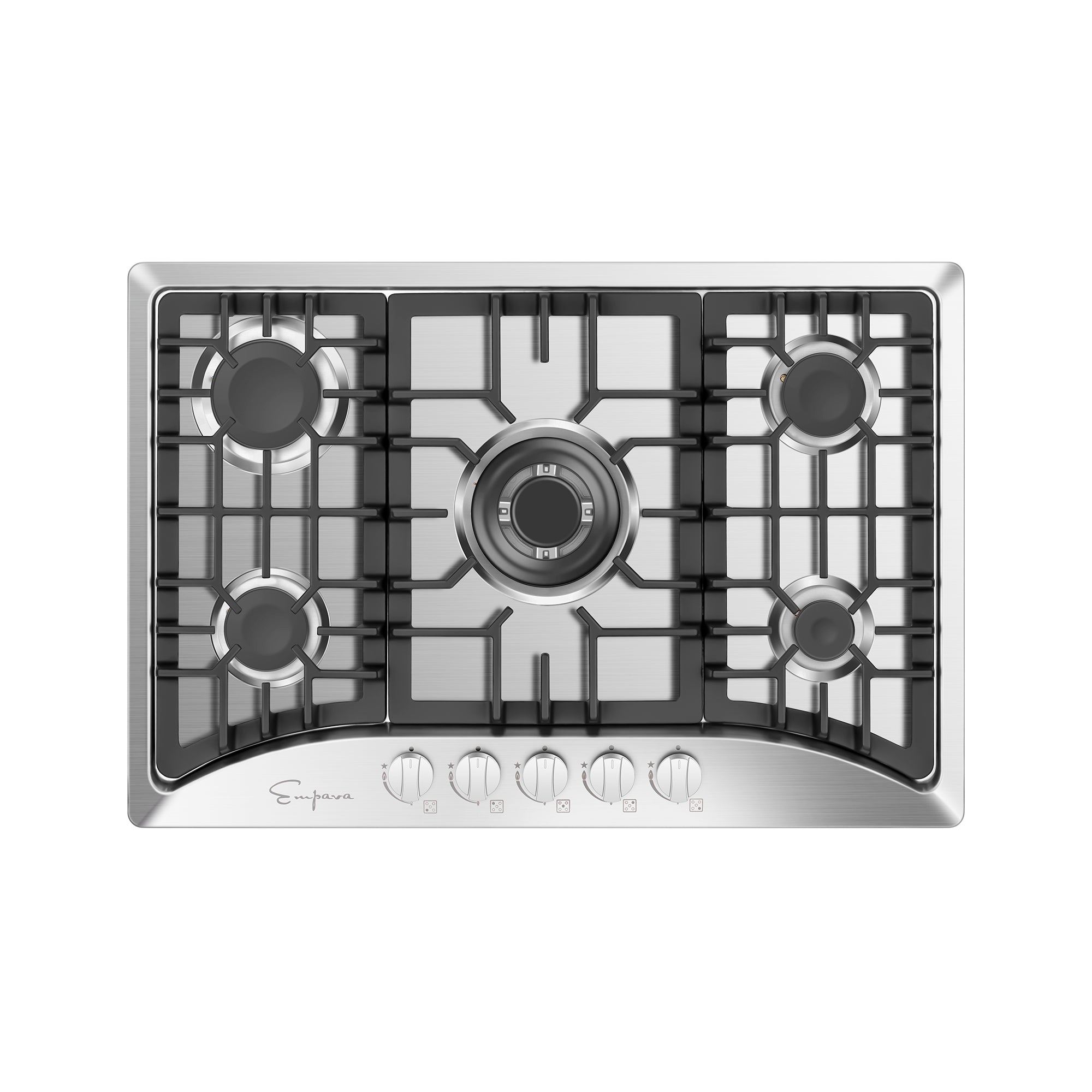 A top-down view of an Empava 30 in. Built-in Gas Cooktop featuring a stainless steel finish with five burners and black grates. The control knobs are located in the front center, beneath the Empava signature on the lower left corner.