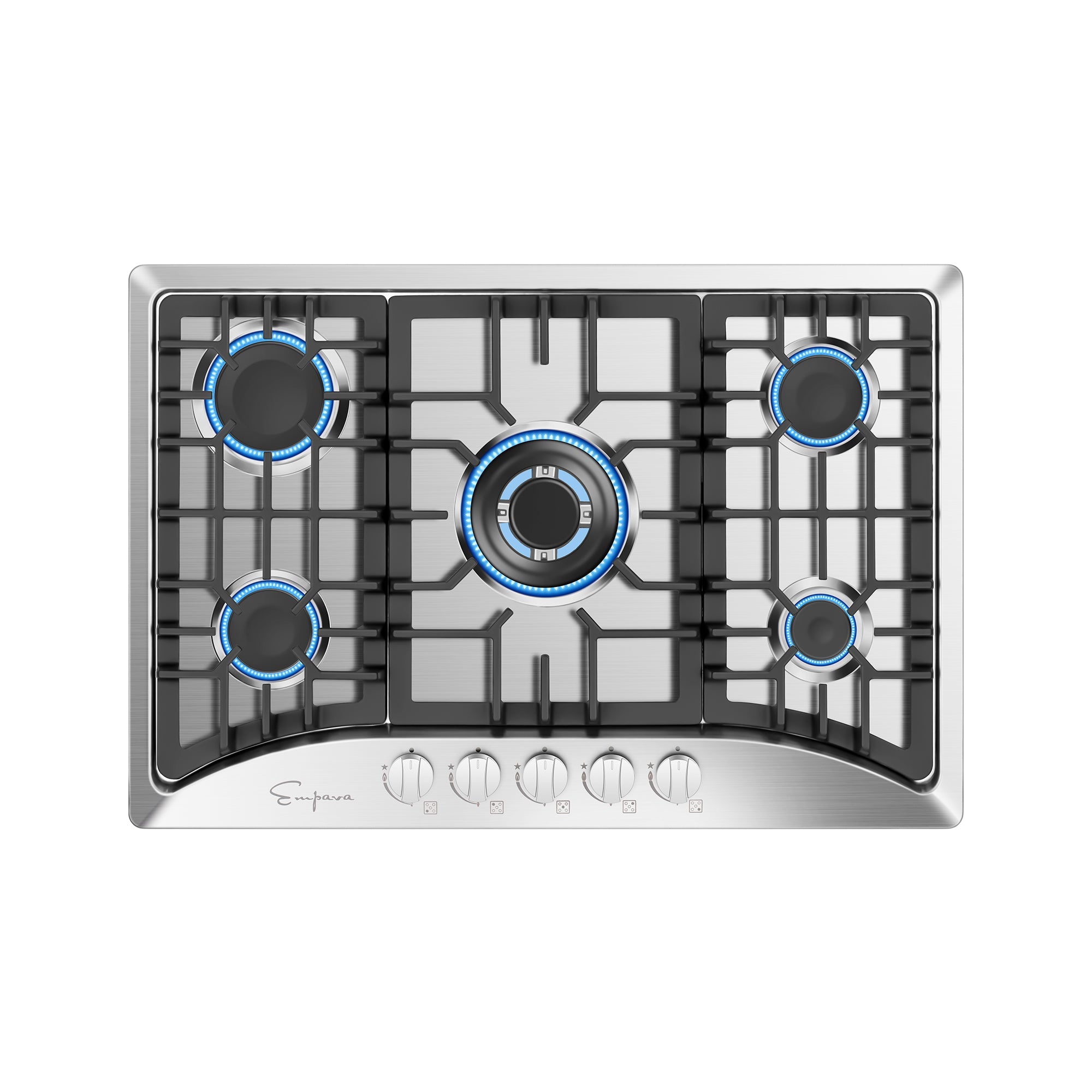 Top view of an Empava 30 in. Built-in Gas Cooktop, featuring a modern design with black grates and front-mounted control knobs. The stainless steel cooktop boasts five burners, each ignited and glowing with a blue flame, and the brand logo is visible on the lower left corner.