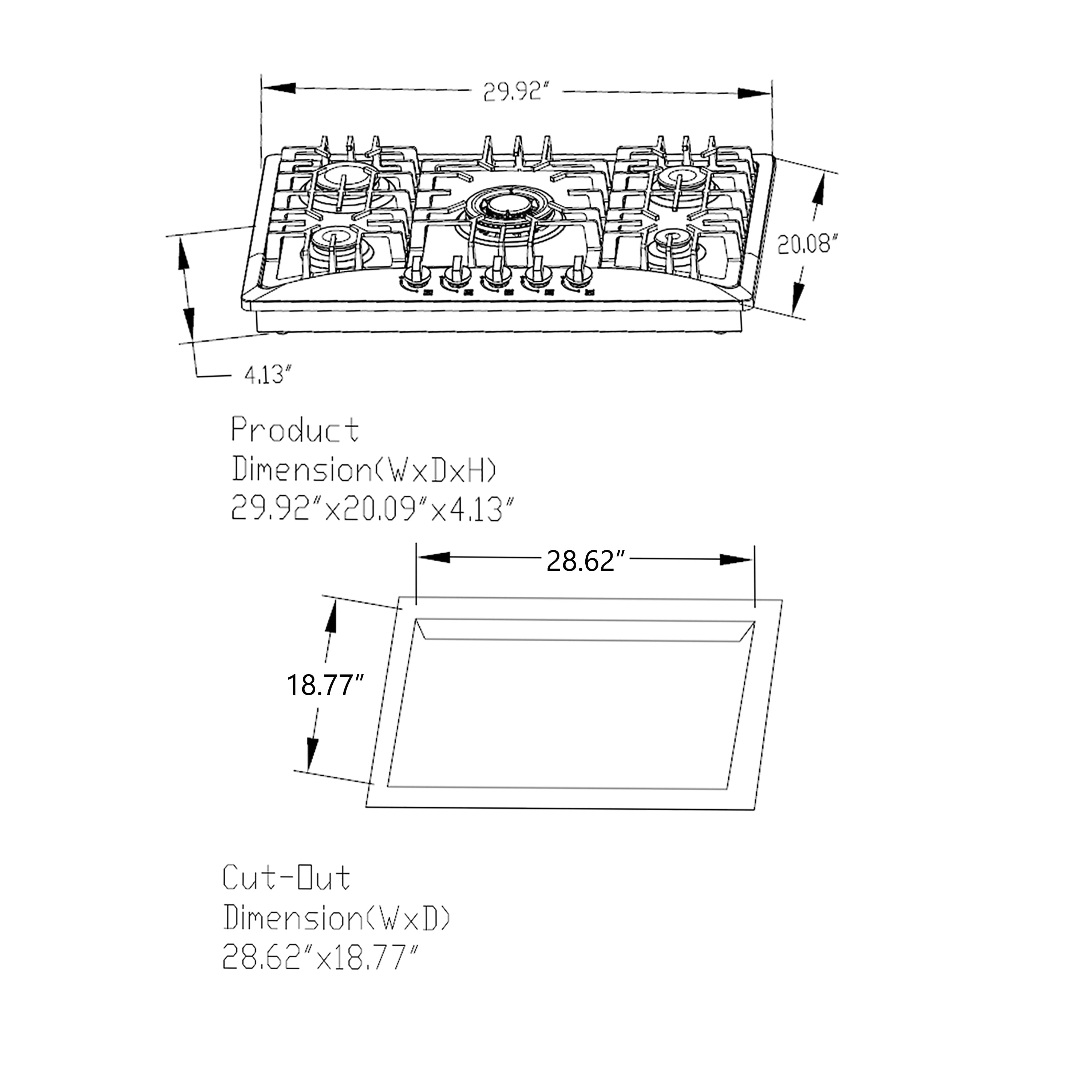 A technical drawing of an Empava 30 in. Built-in Gas Cooktop showing dimensions. The product dimensions are 29.92" (W) x 20.09" (D) x 4.13" (H). The cut-out dimensions are 28.62" (W) x 18.77" (D). The cooktop features five burners with control knobs in front.
