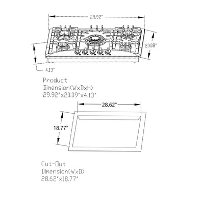 A technical drawing of an Empava 30 in. Built-in Gas Cooktop showing dimensions. The product dimensions are 29.92" (W) x 20.09" (D) x 4.13" (H). The cut-out dimensions are 28.62" (W) x 18.77" (D). The cooktop features five burners with control knobs in front.
