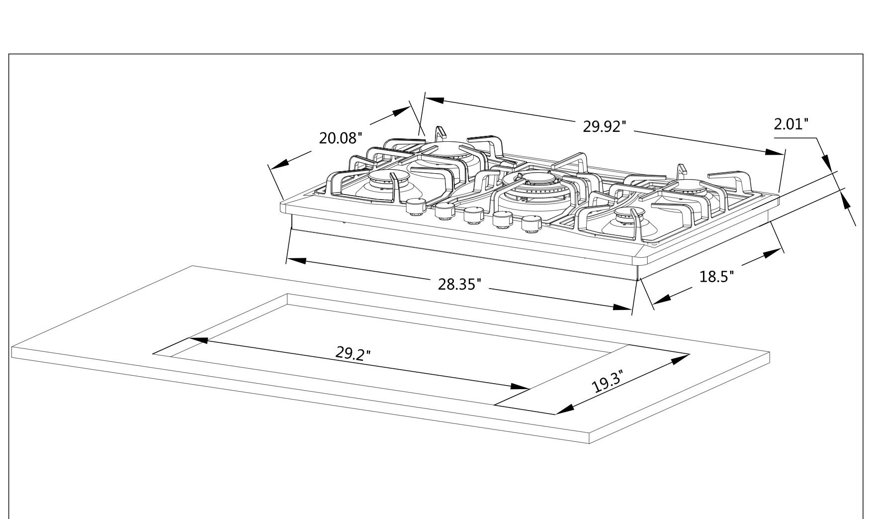 A black and white technical drawing of the Empava 30 in. Built-in Gas Stove Cooktop displays detailed dimensions. The cooktop, featuring multiple burners and control knobs, includes external measurements of 29.92" by 20.08" and a cutout size of 29.3" by 19.3".