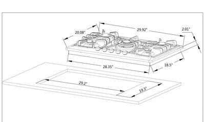 A black and white technical drawing of the Empava 30 in. Built-in Gas Stove Cooktop displays detailed dimensions. The cooktop, featuring multiple burners and control knobs, includes external measurements of 29.92" by 20.08" and a cutout size of 29.3" by 19.3".