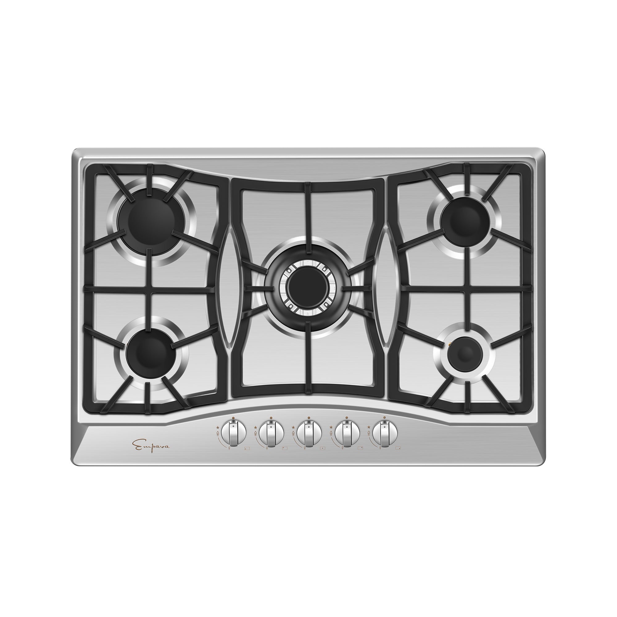 The Empava 30 in. Built-in Gas Stove Cooktop features five stainless steel burners arranged in a staggered pattern, with the control knobs conveniently located at the front center below them. The largest burner is positioned in the middle, and the cooktop boasts a sleek, modern design.