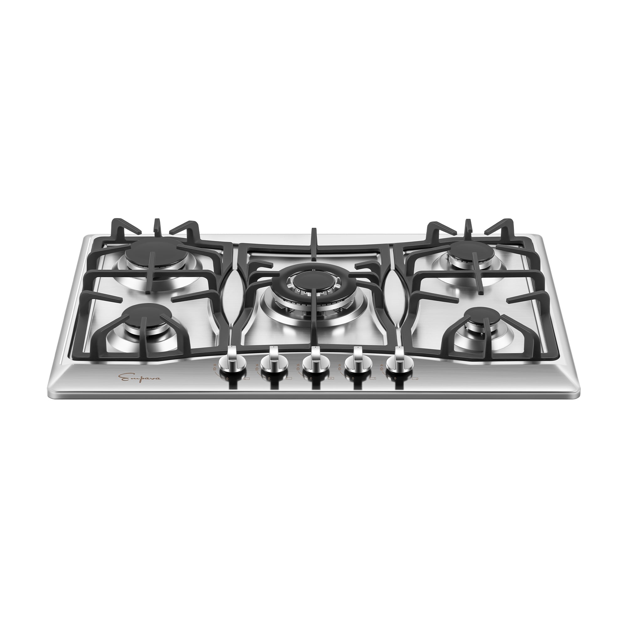 The Empava 30 in. Built-in Gas Stove Cooktop boasts a sleek and modern design with stainless steel construction. It features five burners arranged in a semi-rectangular pattern and has control knobs conveniently positioned at the front, below the burners. Each burner is equipped with durable cast-iron grates.