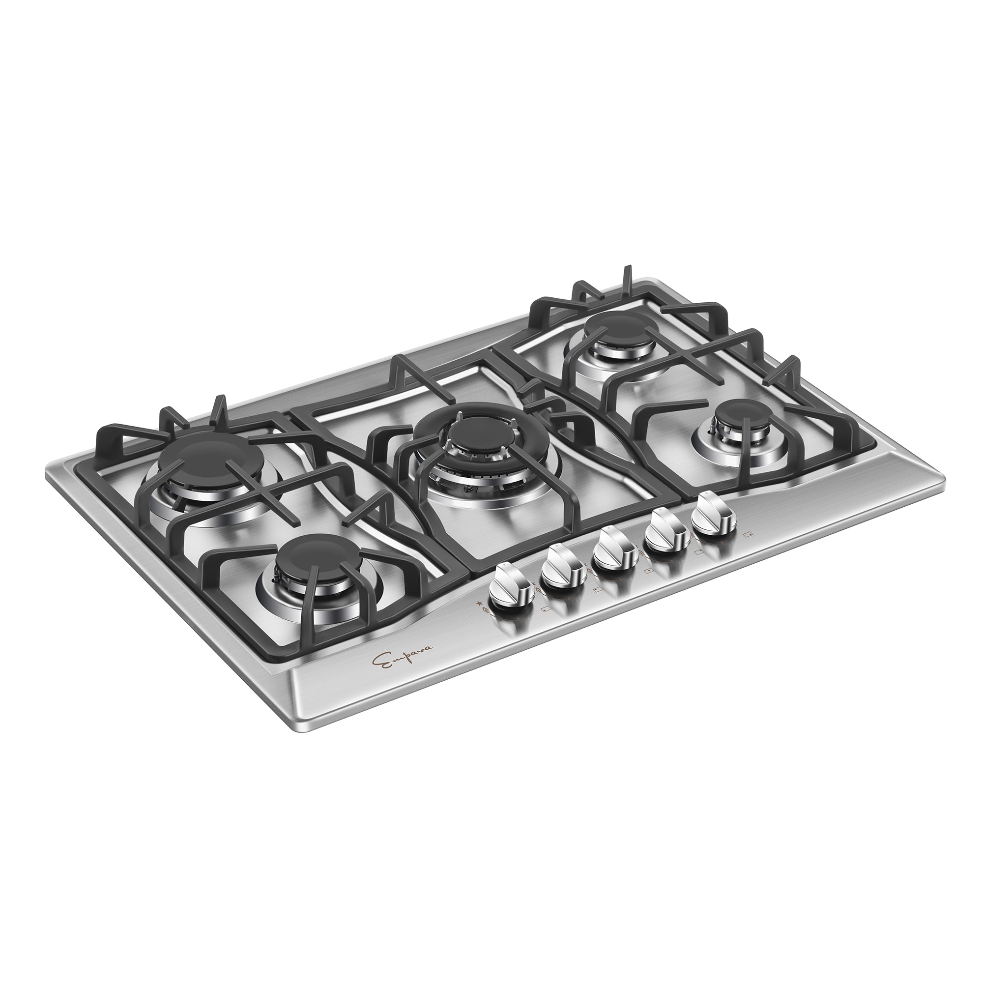 Introducing the Empava 30 in. Built-in Gas Stove Cooktop, a stainless steel gas stovetop featuring five burners of varying sizes and four conveniently located front control knobs. The sleek black metal grates on each burner enhance its modern design.