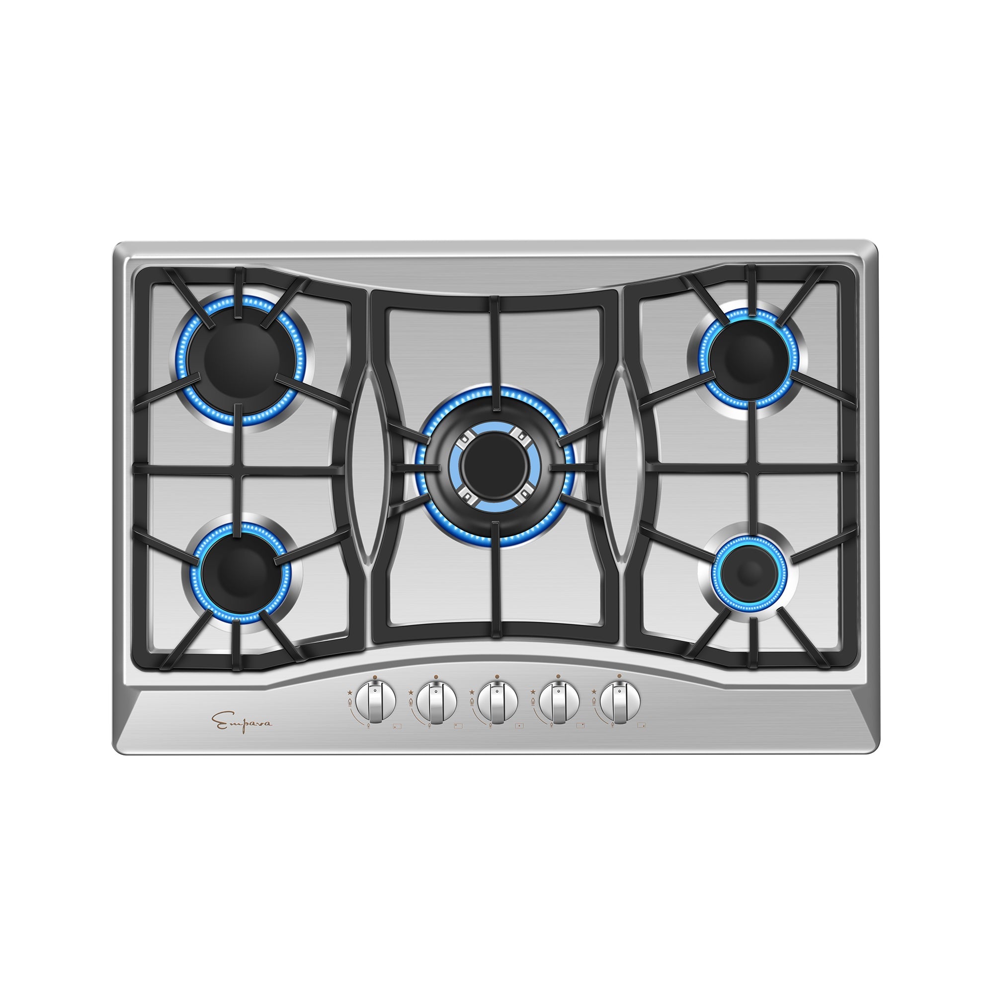 The Empava 30 in. Built-in Gas Stove Cooktop features a stainless steel design with five burners and black grates. The burners light with blue flames, and five control knobs are conveniently located at the front center of the cooktop. The Empava brand logo is visible on the bottom left corner.