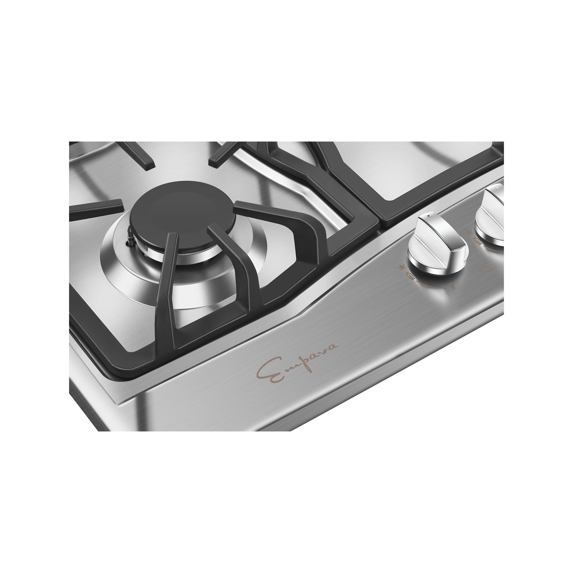 Close-up view of the Empava 30 in. Built-in Gas Stove Cooktop featuring a modern stainless steel design with burner grates, control knobs, and the brand name "Empava" elegantly etched on the surface. The sleek, polished finish highlights the quality craftsmanship synonymous with Empava appliances.