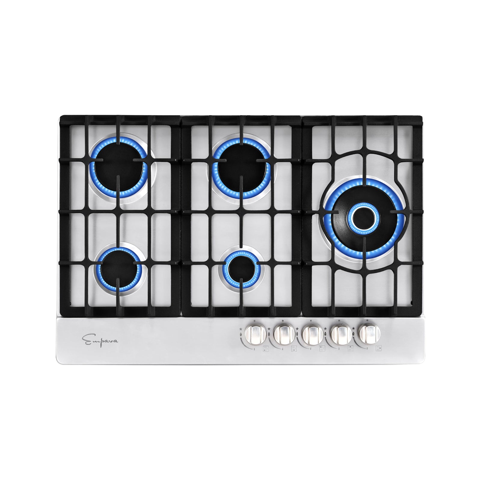 Top-down view of an Empava 30 in. Built-in Gas Stove Cooktop with five burners. Blue flames are visible on each burner, and there are black grates covering the stovetop. Below the burners are five silver control knobs. The cooktop surface is silver, and the brand name is visible on the lower left.