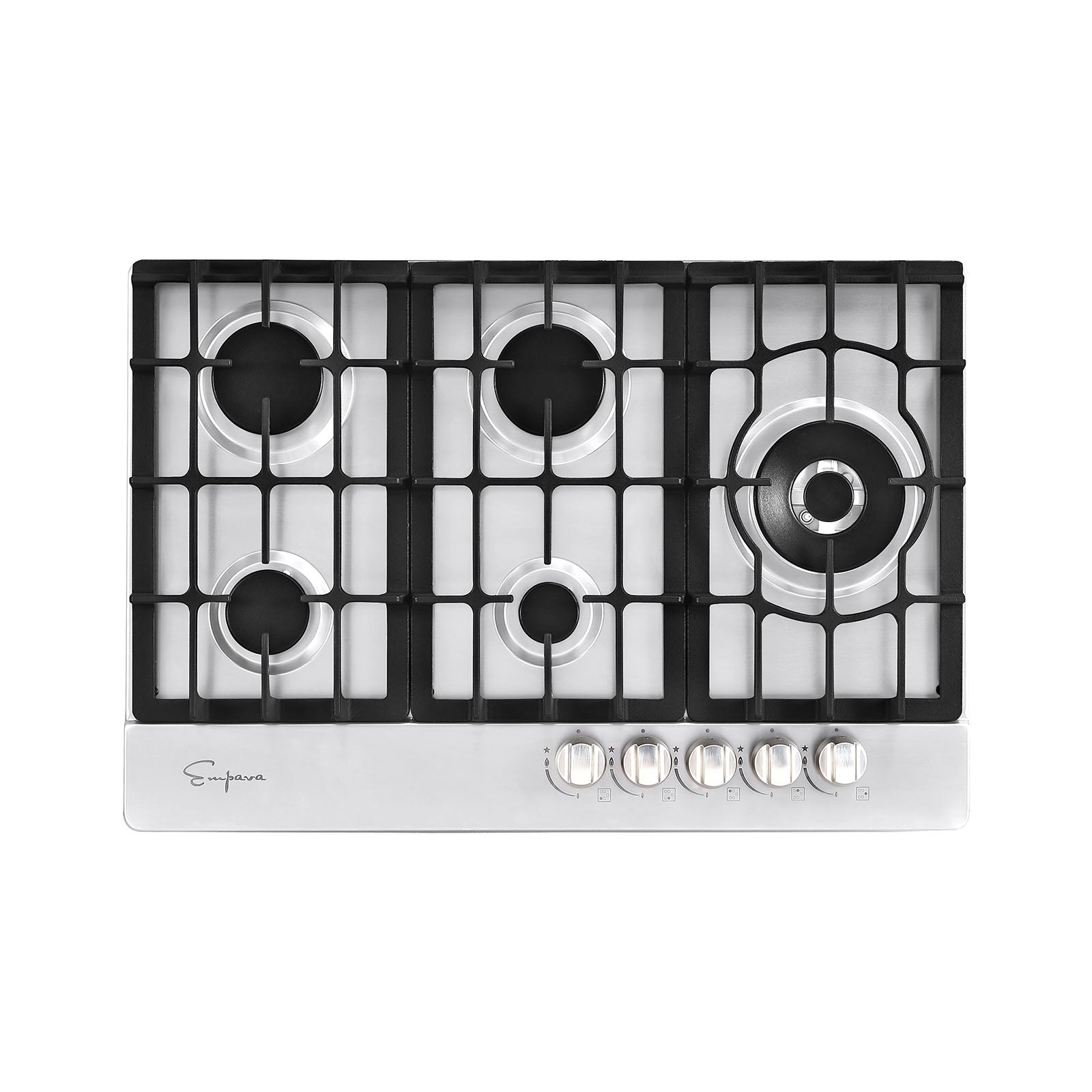 Top view of the Empava 30 in. Built-in Gas Stove Cooktop featuring five stainless steel burners, including a larger burner positioned to the right. The black cast iron grill complements the design, and five control knobs are aligned in a row on the right side. The Empava logo is visible on the bottom left corner, highlighting this premium appliance.