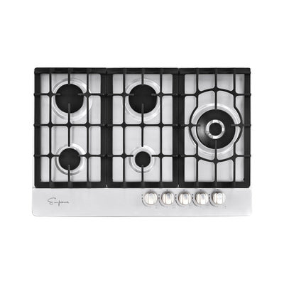 Top view of the Empava 30 in. Built-in Gas Stove Cooktop featuring five stainless steel burners, including a larger burner positioned to the right. The black cast iron grill complements the design, and five control knobs are aligned in a row on the right side. The Empava logo is visible on the bottom left corner, highlighting this premium appliance.