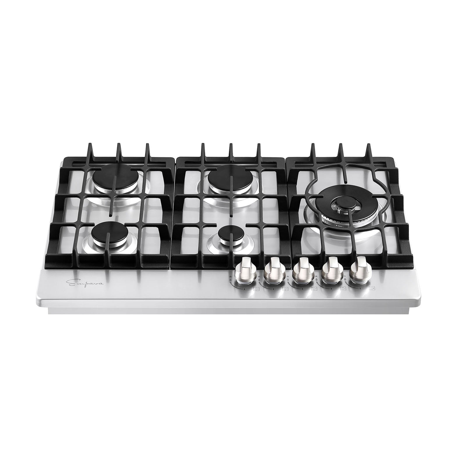 The Empava 30 in. Built-in Gas Stove Cooktop showcases black cast-iron grates and front-aligned control knobs, with five stainless steel burners of varying sizes, including a larger burner on the right and smaller ones positioned across the cooking surface.