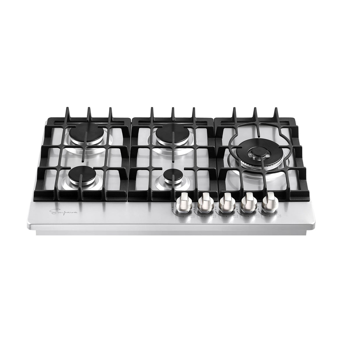 The Empava 30 in. Built-in Gas Stove Cooktop showcases black cast-iron grates and front-aligned control knobs, with five stainless steel burners of varying sizes, including a larger burner on the right and smaller ones positioned across the cooking surface.