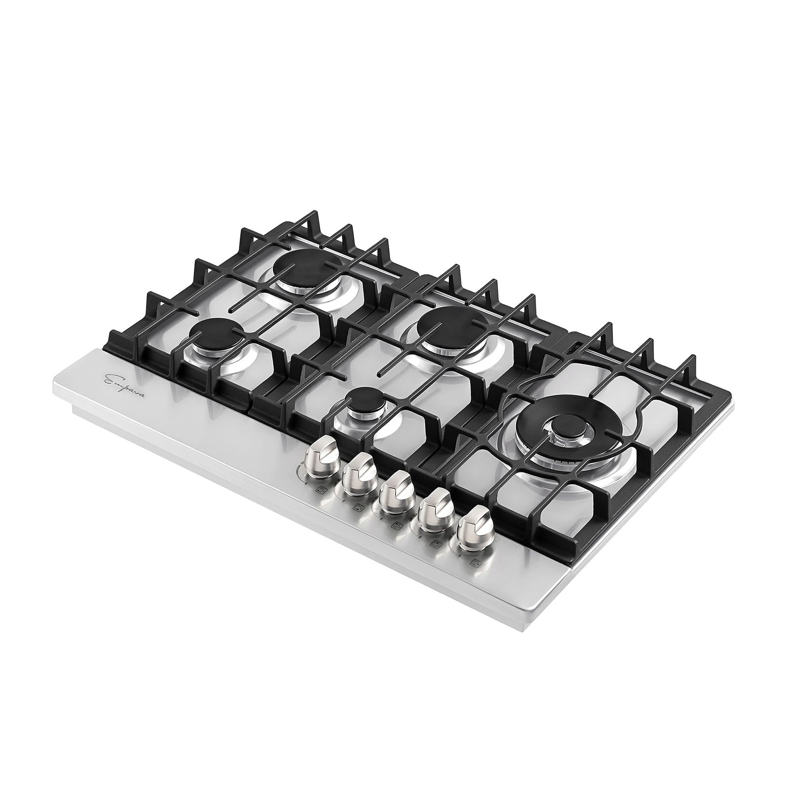 The Empava 30 in. Built-in Gas Stove Cooktop from Empava appliances features five burners of varying sizes. The cooktop includes black cast iron grates and five silver control knobs arranged in a horizontal line at the front, providing versatility for cooking different dishes simultaneously.