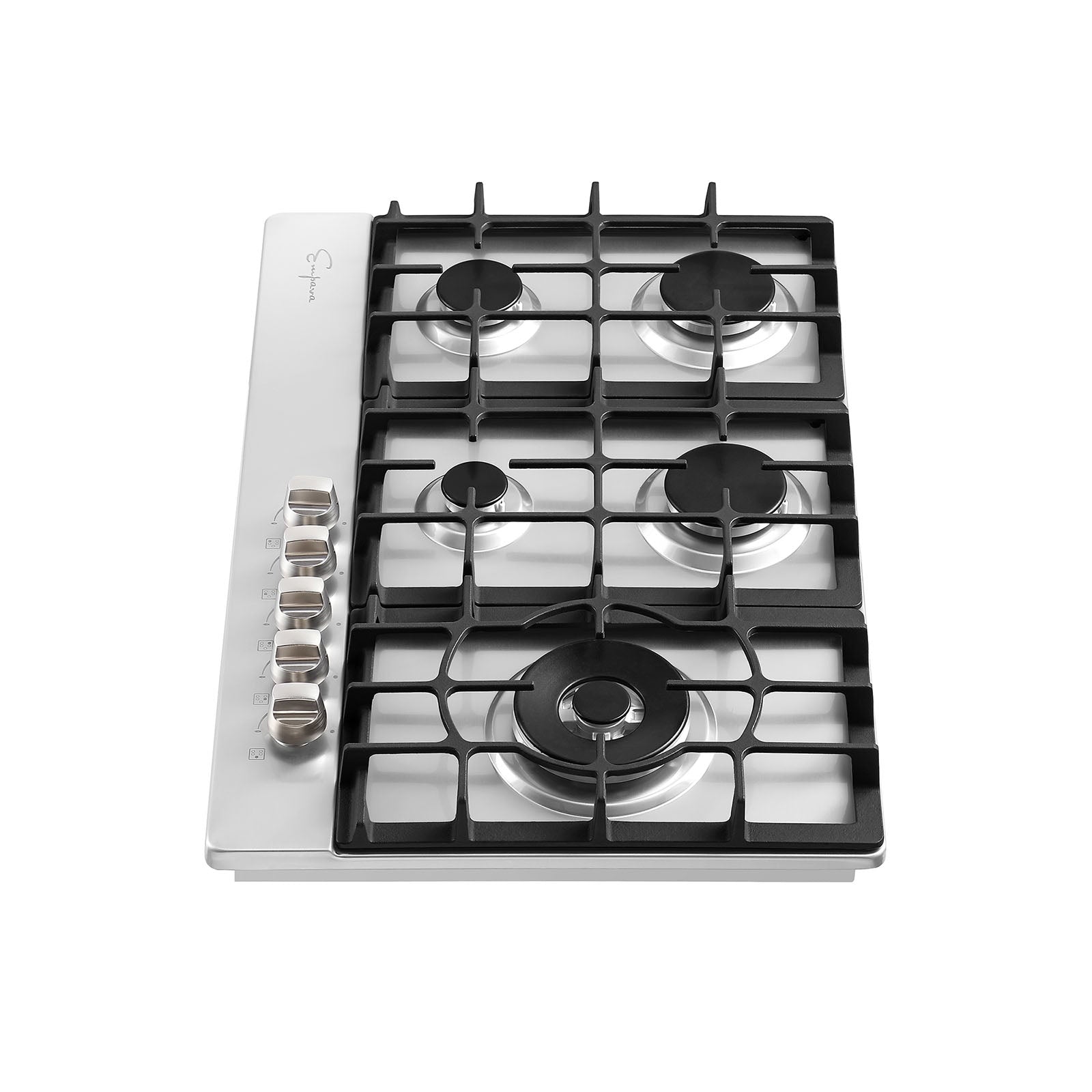 Top view of the Empava 30 in. Built-in Gas Stove Cooktop, featuring four burners and black cast-iron grates. Five control knobs are positioned on the left side, each corresponding to a burner. The design is modern and sleek, making it suitable for contemporary kitchens.