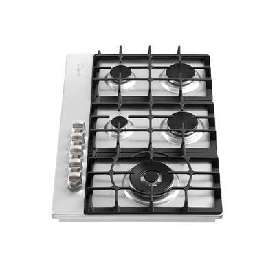 Top view of the Empava 30 in. Built-in Gas Stove Cooktop, featuring four burners and black cast-iron grates. Five control knobs are positioned on the left side, each corresponding to a burner. The design is modern and sleek, making it suitable for contemporary kitchens.