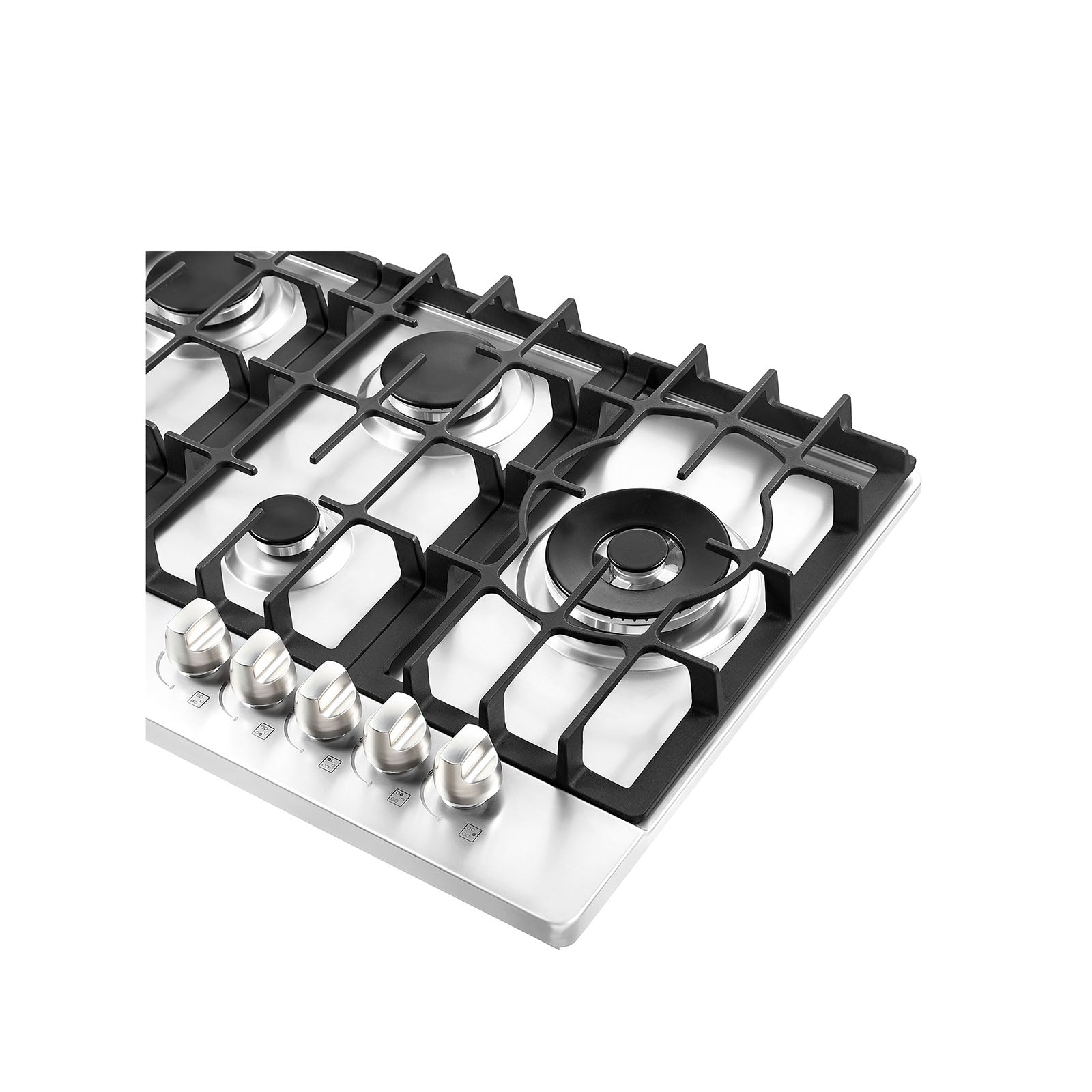 The Empava 30 in. Built-in Gas Stove Cooktop, crafted from stainless steel, features five burners and black metal grates. Situated below the burners are five silver-colored control knobs aligned in a horizontal row. The cooktop showcases a sleek and modern design.