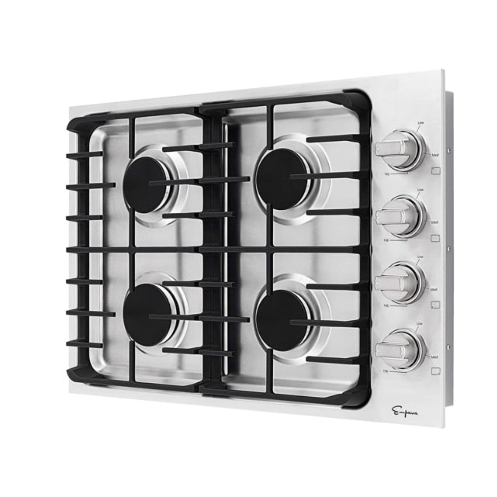 The Empava 30 in. Built-in Stainless Steel Gas Cooktop boasts four burners laid out in two rows. It features sleek black grates over the burners and four control knobs on the right side to adjust the flame levels.