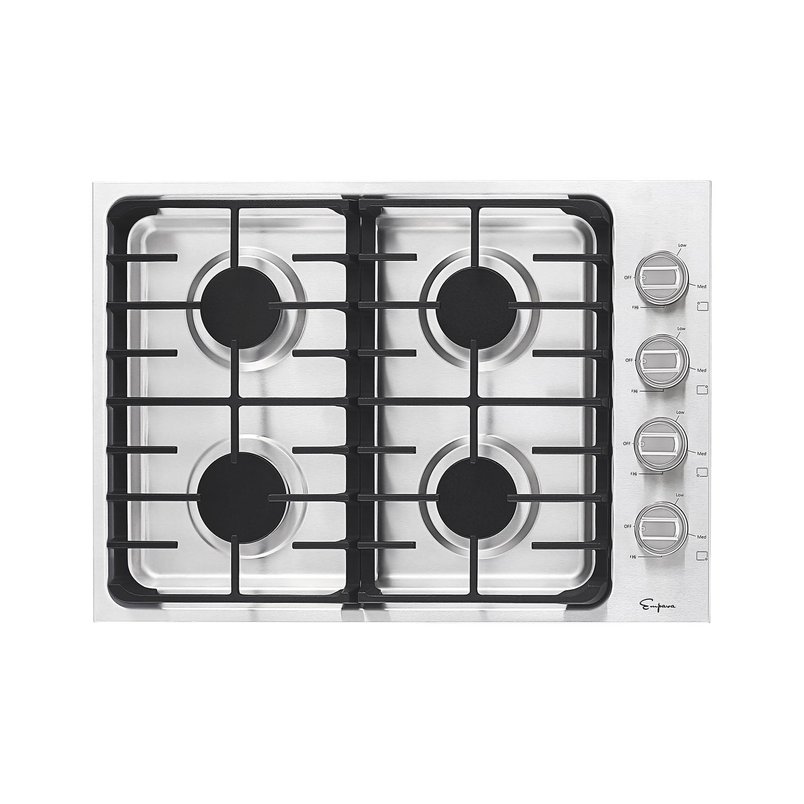 The Empava 30 in. Built-in Stainless Steel Gas Cooktop features four circular burners, each encased by black grates. Vertically aligned on the right side are four control knobs for adjusting the heat levels of each burner.