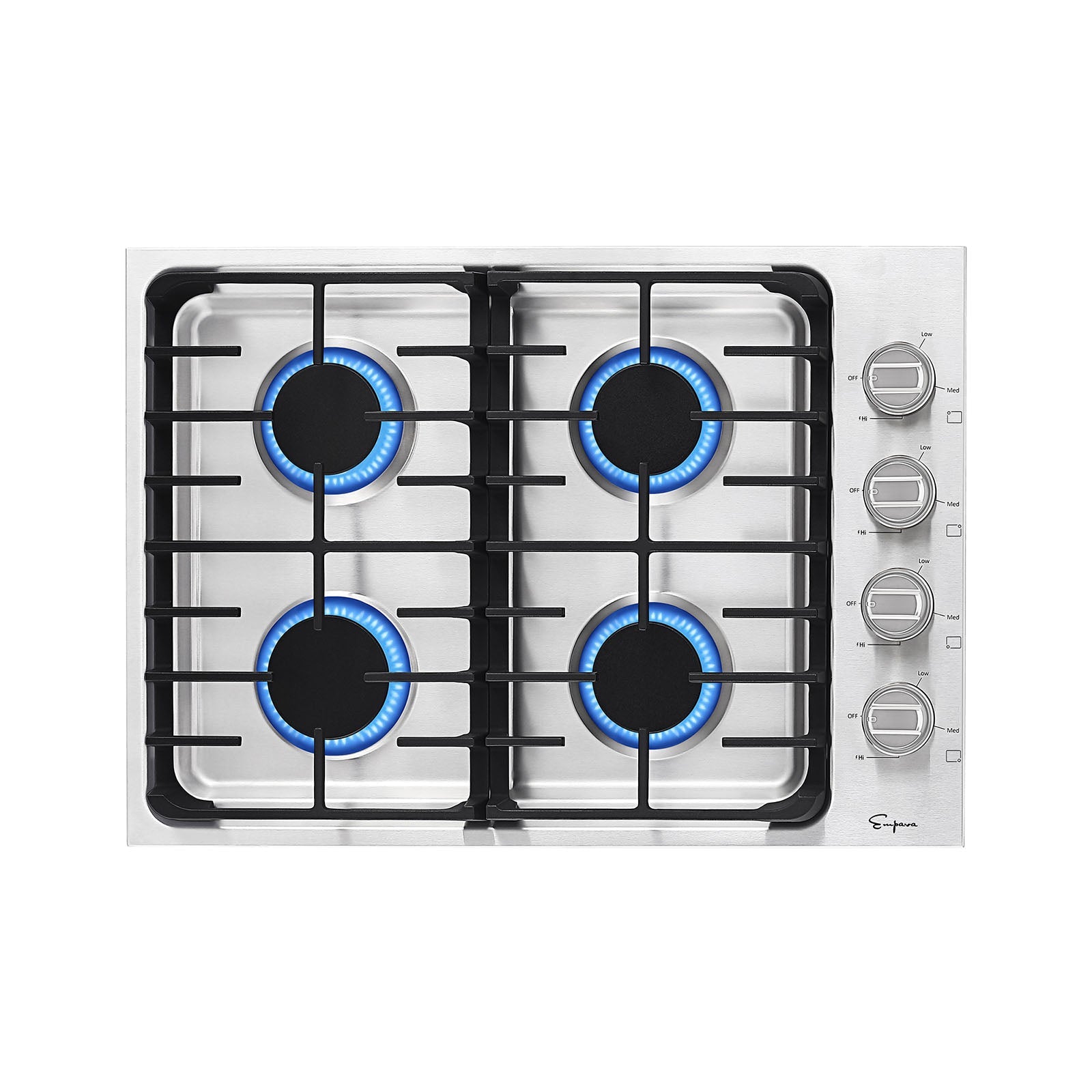 The Empava 30 in. Built-in Stainless Steel Gas Cooktop boasts four burners that emit striking blue flames. Each burner is equipped with a black grate above it, and the stove features four control knobs on the right side for precise flame adjustment.