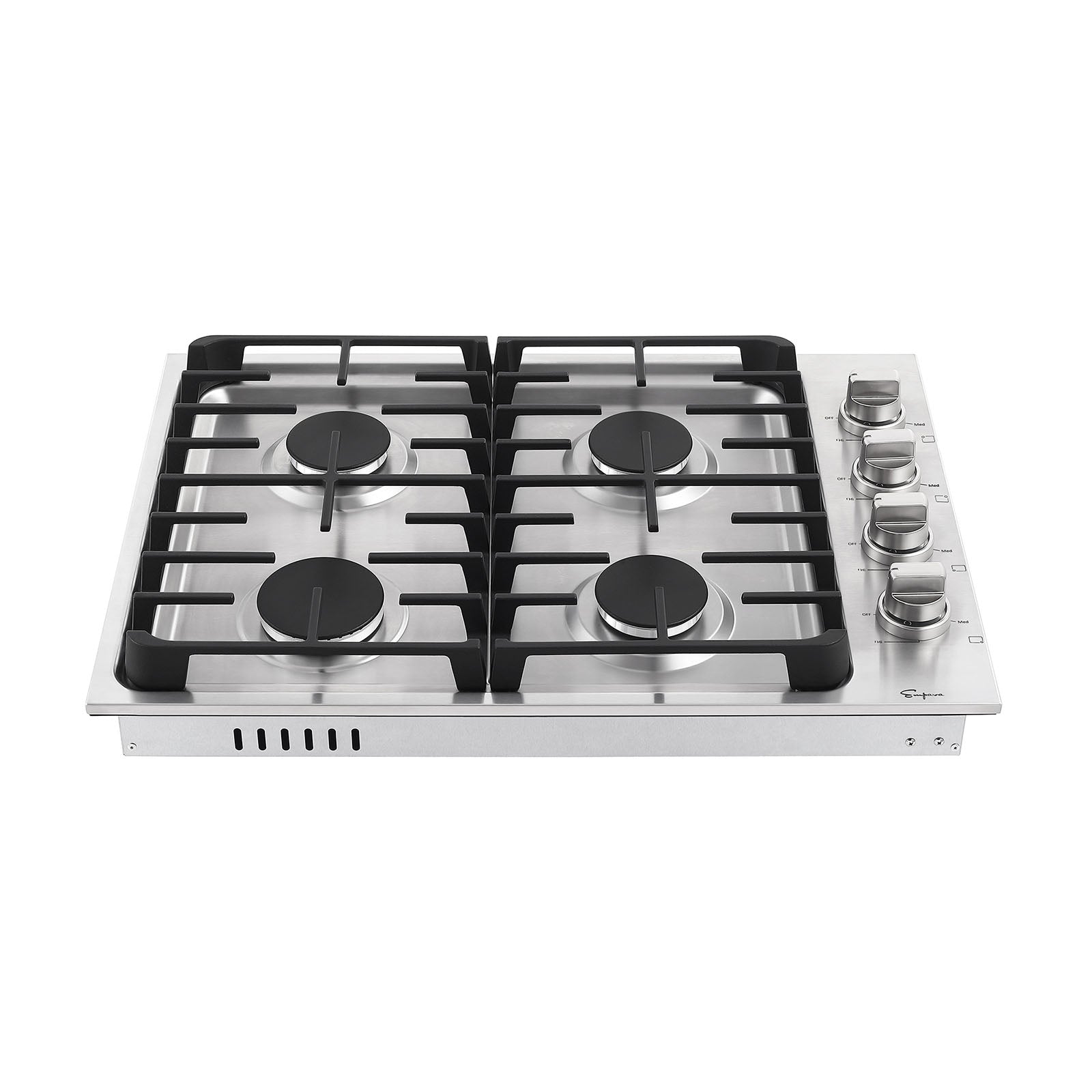 The Empava 30 in. Built-in Stainless Steel Gas Cooktop features four burners, with two larger ones at the front and two smaller ones at the back. Control knobs are conveniently located on the right side. The cooktop boasts a modern, sleek design with durable cast iron grates.