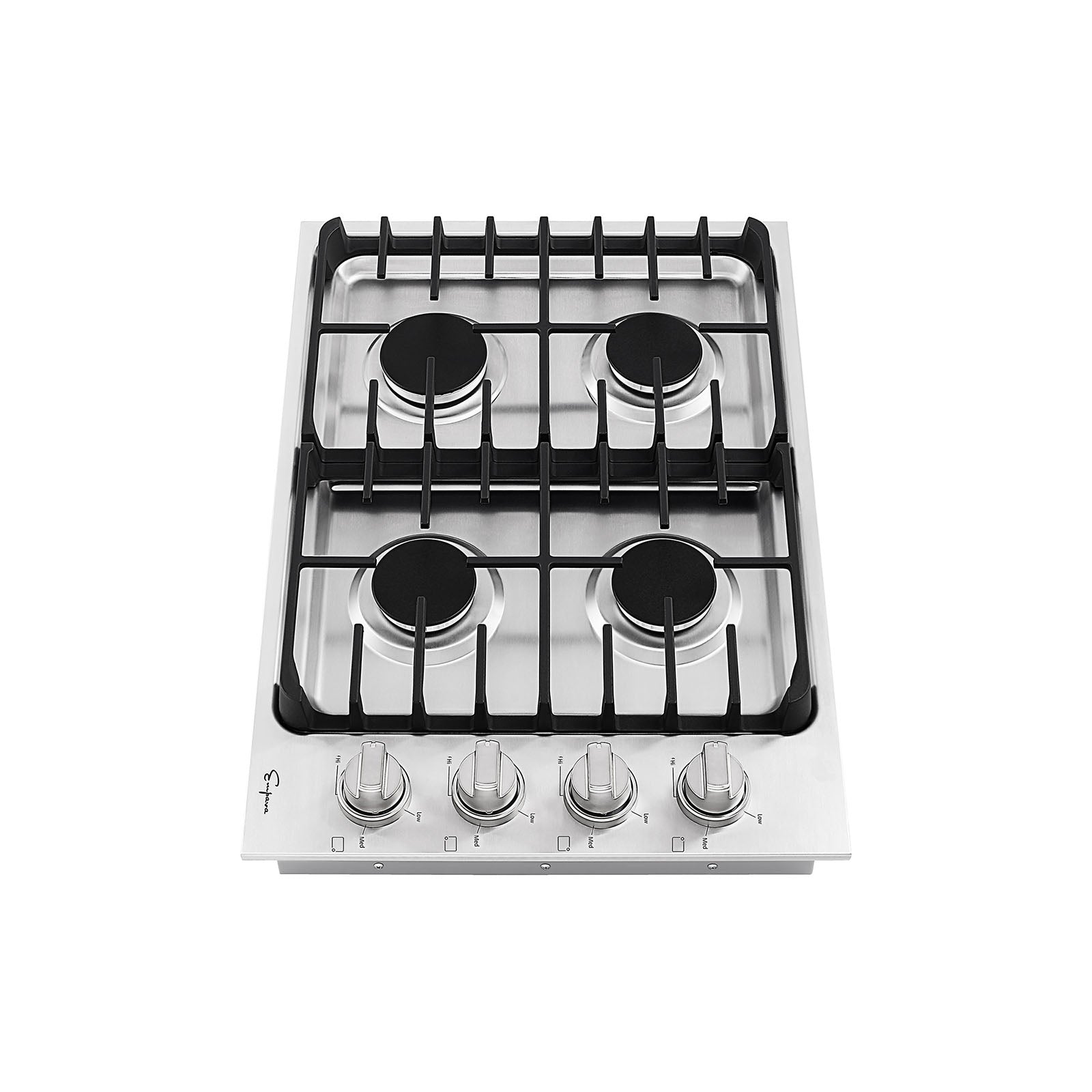 The Empava 30 in. Built-in Stainless Steel Gas Cooktop features four burners arranged in a square, each with black grates. Below the burners are four control knobs for regulating heat, and the cooktop boasts a clean, minimalist design perfect for modern kitchens.