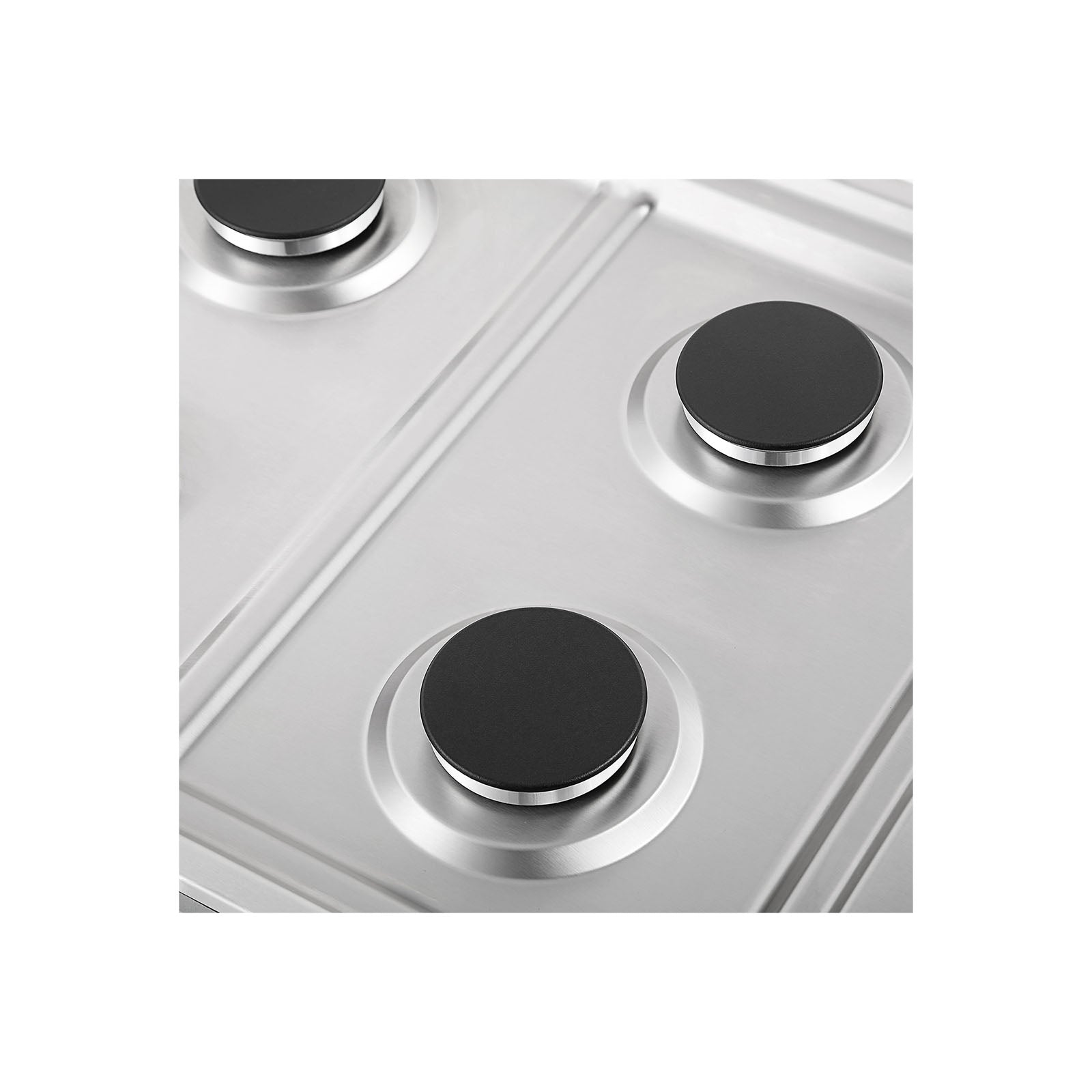 Close-up image of stainless steel burner control knobs on an Empava 30 in. Built-in Stainless Steel Gas Cooktop. The knobs are circular with a sleek black top, set against a metallic background with a minimalist design. The clean and polished appearance suggests a contemporary kitchen appliance.