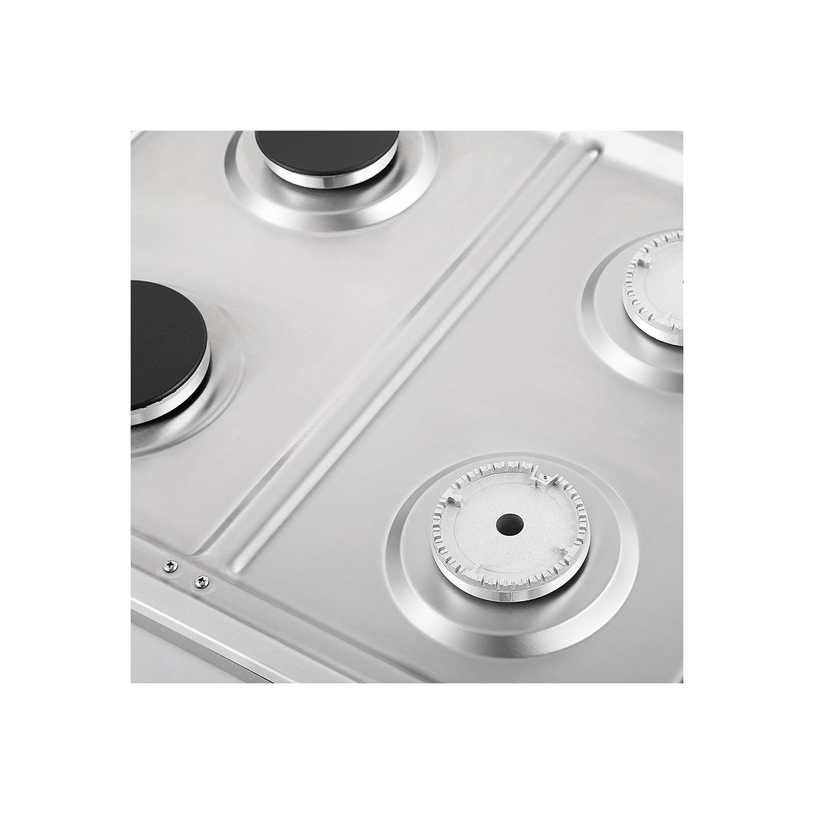 Close-up view of the Empava 30 in. Built-in Stainless Steel Gas Cooktop featuring four gas burners. The circular burners include two with black caps and two displaying metallic rings. The stovetop surface is clean and boasts a modern, sleek design.