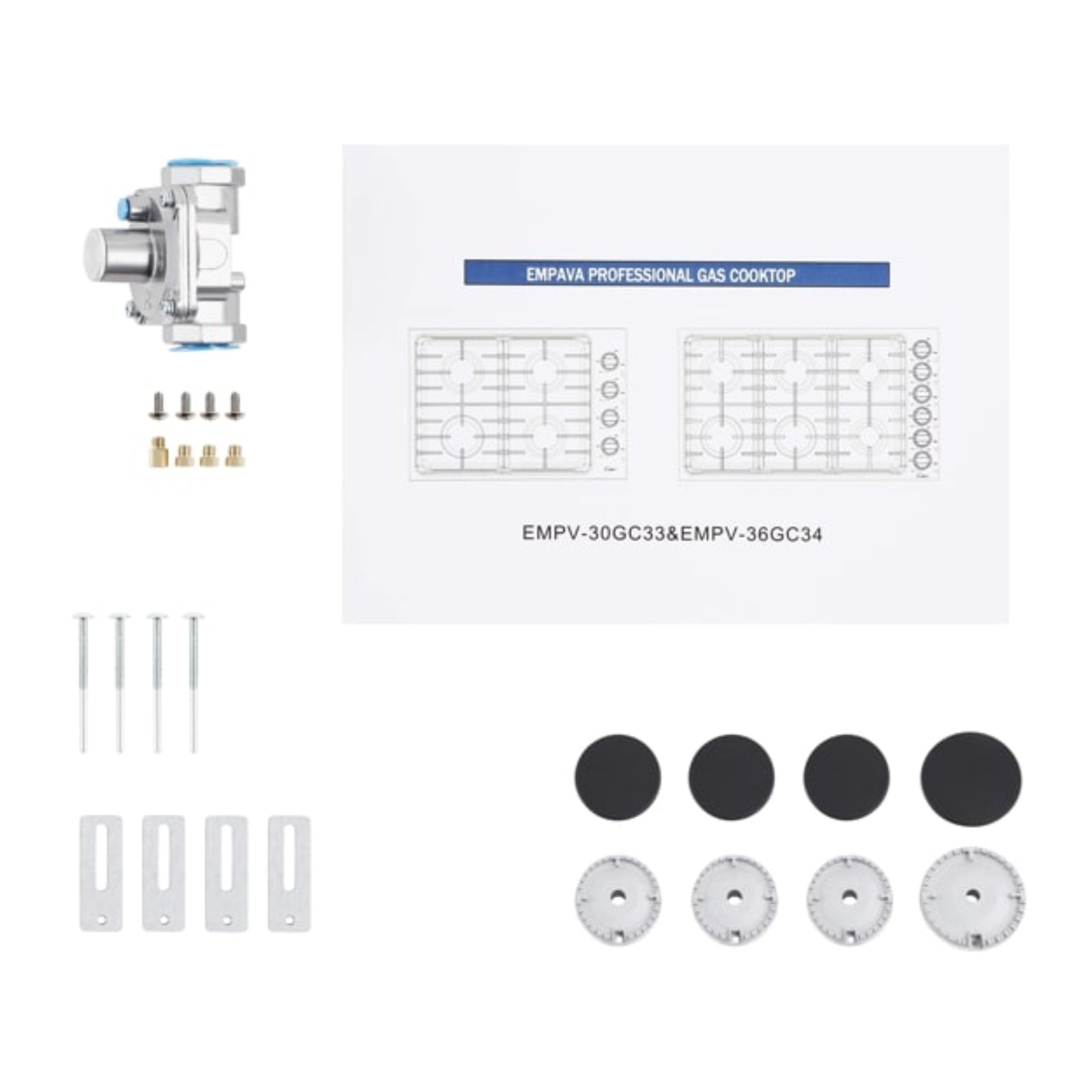 Image of the Empava 30 in. Built-in Stainless Steel Gas Cooktop installation kit, featuring four burner knobs, a control valve, brackets, screws, orifices, and covers. Also included are the cooktop schematic and a manual titled "EMPAVA Professional Gas Cooktop" for models EMPV-30GC33 and EMPV-36GC34.