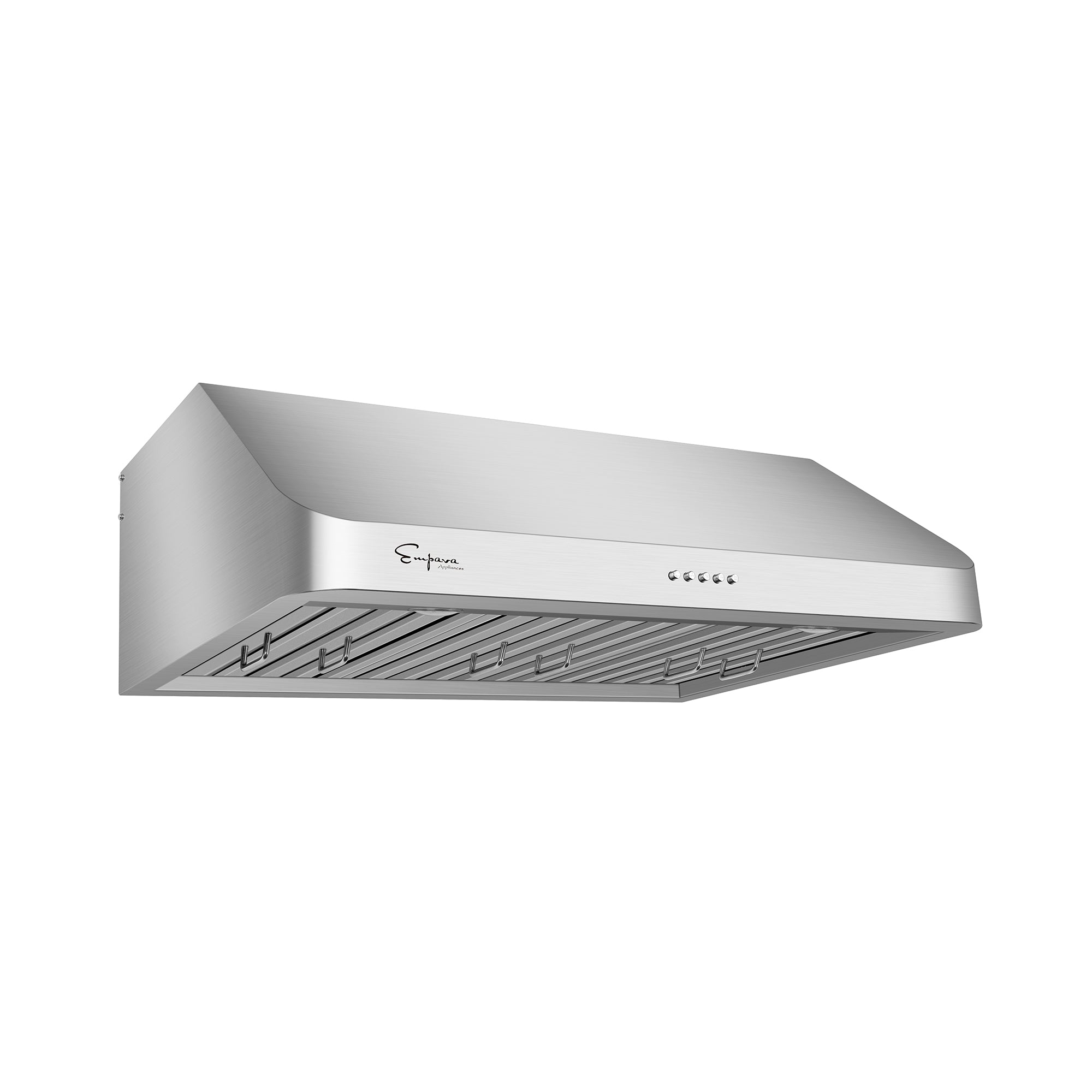 The Empava 30 in. Ducted 500 CFM Under Cabinet Range Hood boasts a sleek, modern design with a curved front edge, vent grating underneath, and control buttons on the right side—another fine example of Empava appliances.