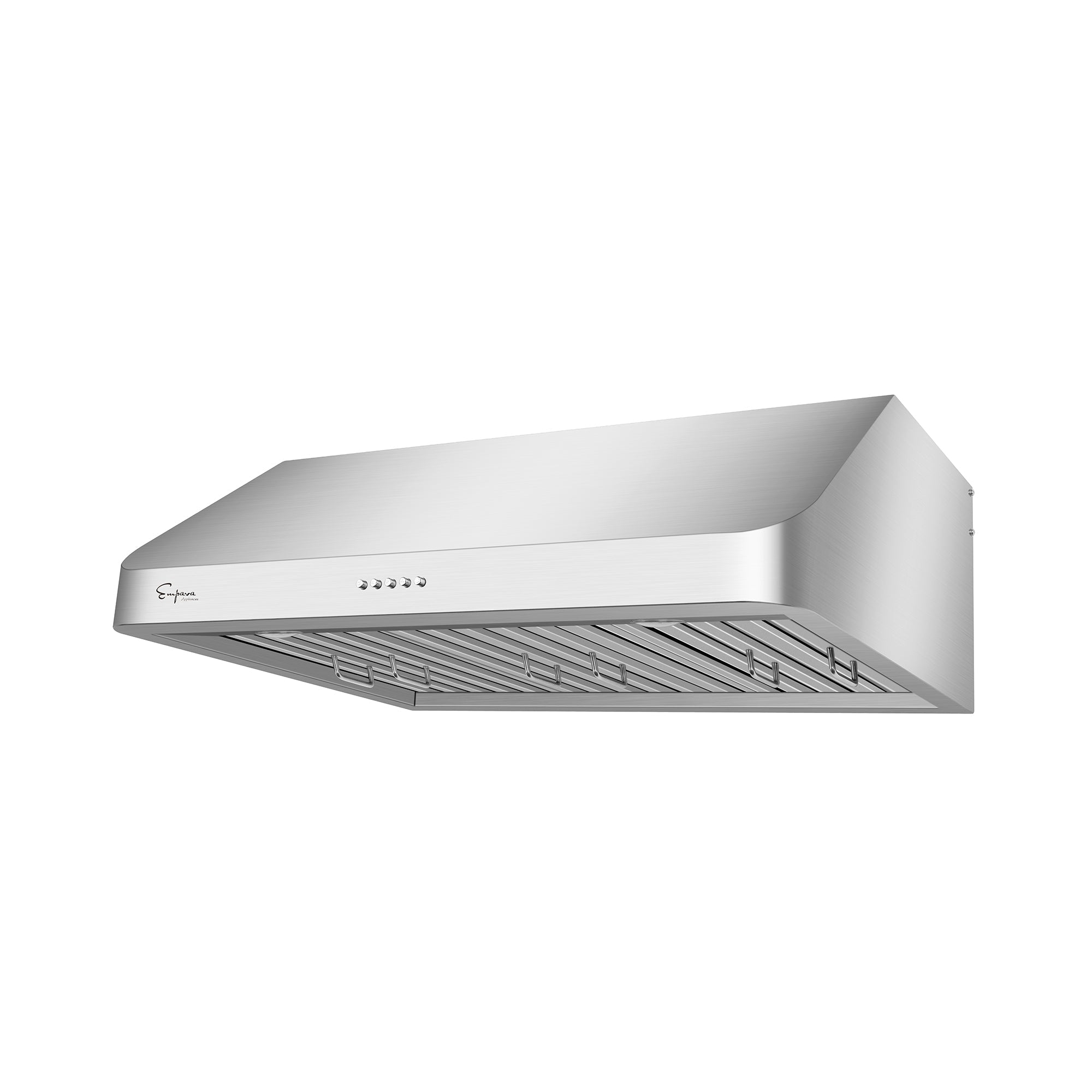 The Empava 30 in. Ducted 500 CFM Under Cabinet Range Hood is a modern stainless steel appliance with a sleek design. It features a vent grille at the bottom and control buttons along the front edge. The smooth, metallic surface makes it ideal for contemporary kitchens.