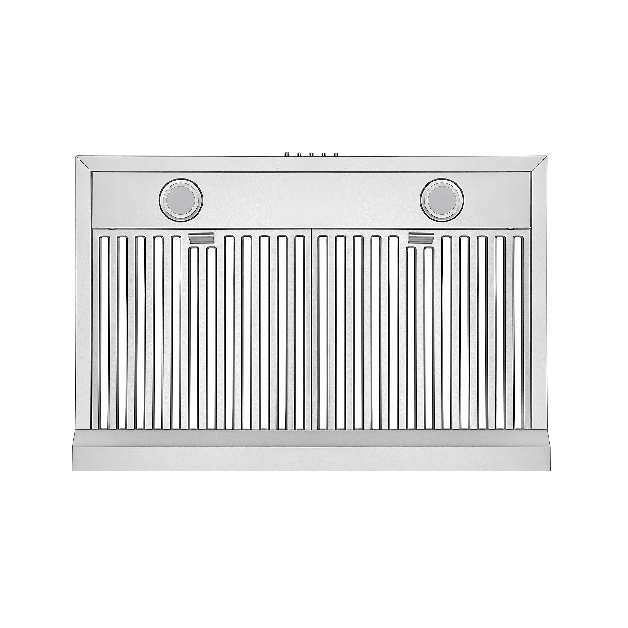 The image shows the Empava 30 in. Kitchen 400 CFM Ultra Slim Ducted Under Cabinet Range Hood with a sleek stainless steel finish. It features two round ventilation openings on the top section and a large, vertically vented grille below, designed for filtering air and catching grease in a kitchen setting.