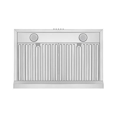 The image shows the Empava 30 in. Kitchen 400 CFM Ultra Slim Ducted Under Cabinet Range Hood with a sleek stainless steel finish. It features two round ventilation openings on the top section and a large, vertically vented grille below, designed for filtering air and catching grease in a kitchen setting.