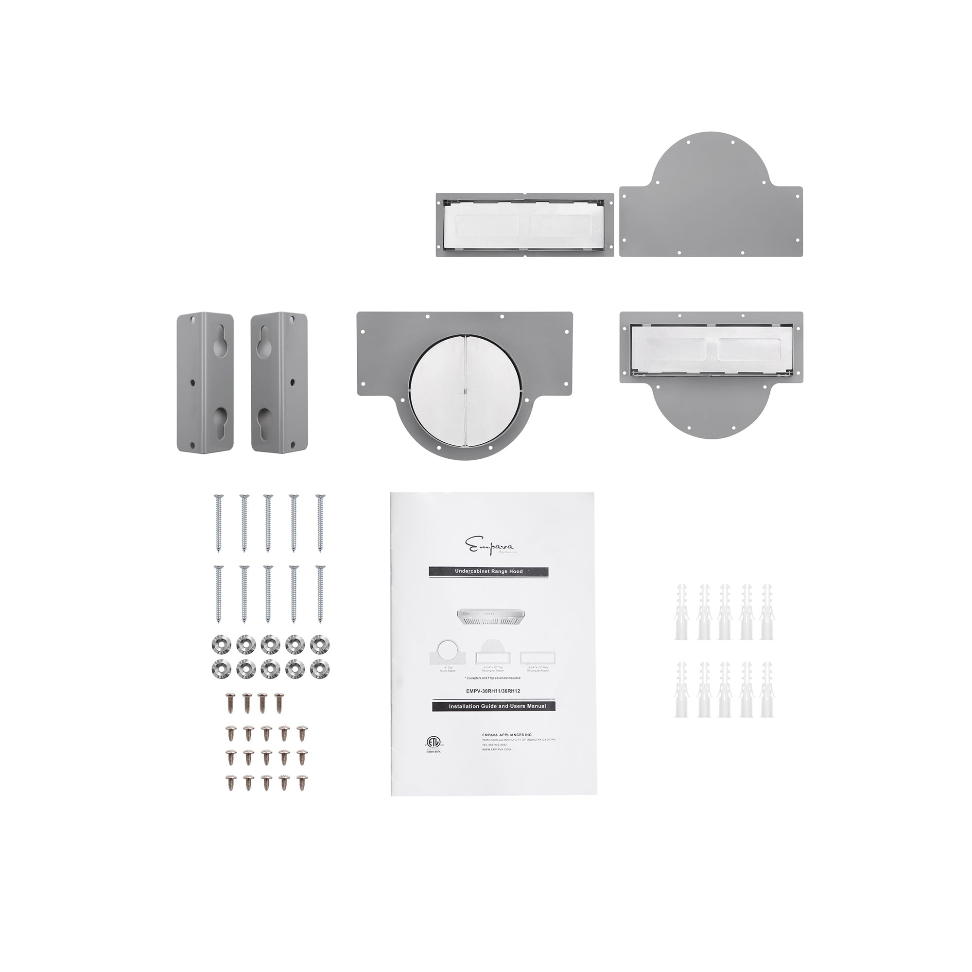 A layout showcasing various mounting hardware components and accessories for the Empava 30 in. Kitchen 400 CFM Ultra Slim Ducted Under Cabinet Range Hood on a white background. The items include screws, anchors, two rectangular brackets, two cylindrical brackets, two curved brackets, and an instruction manual at the center bottom.