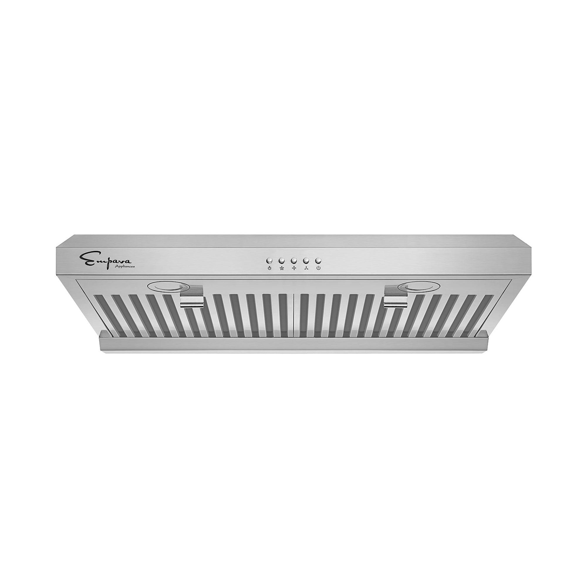 The Empava 30 in. Kitchen 400 CFM Ultra Slim Ducted Under Cabinet Range Hood features two light fixtures, control buttons at the center, and vent grates. The "Empava" logo is visible on the top left corner, making it ideal for kitchen ventilation and lighting.